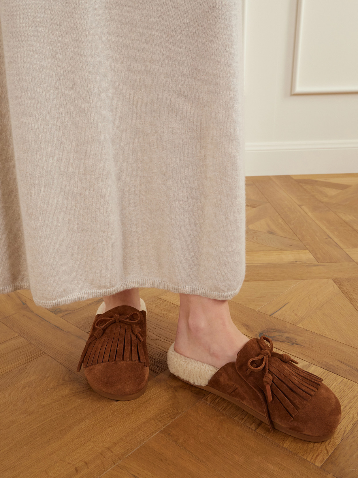 Vasilitsa Tassel-Detailed Shearling-Trimmed Suede Slip-Ons
