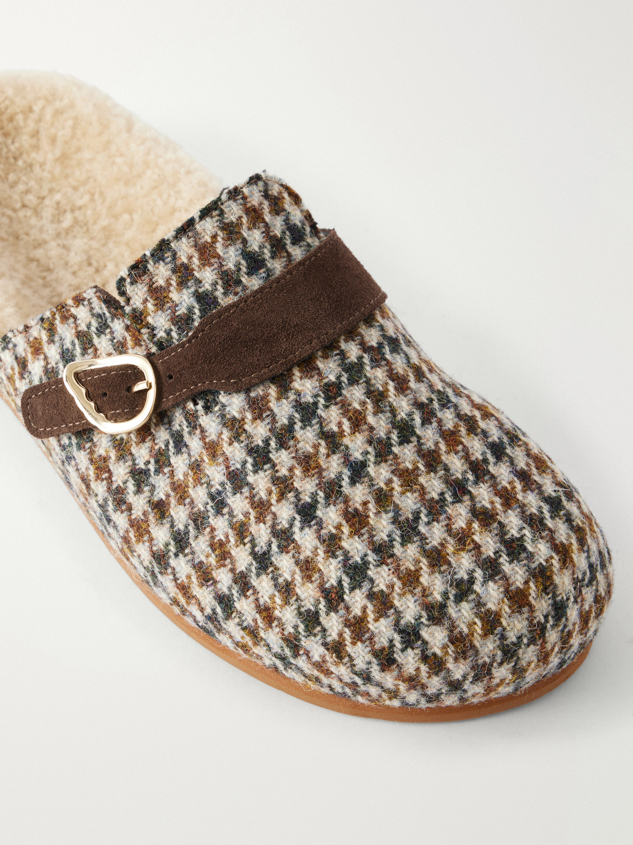 Vasilitsa Shearling-Trimmed Houndstooth Tweed Slip-Ons