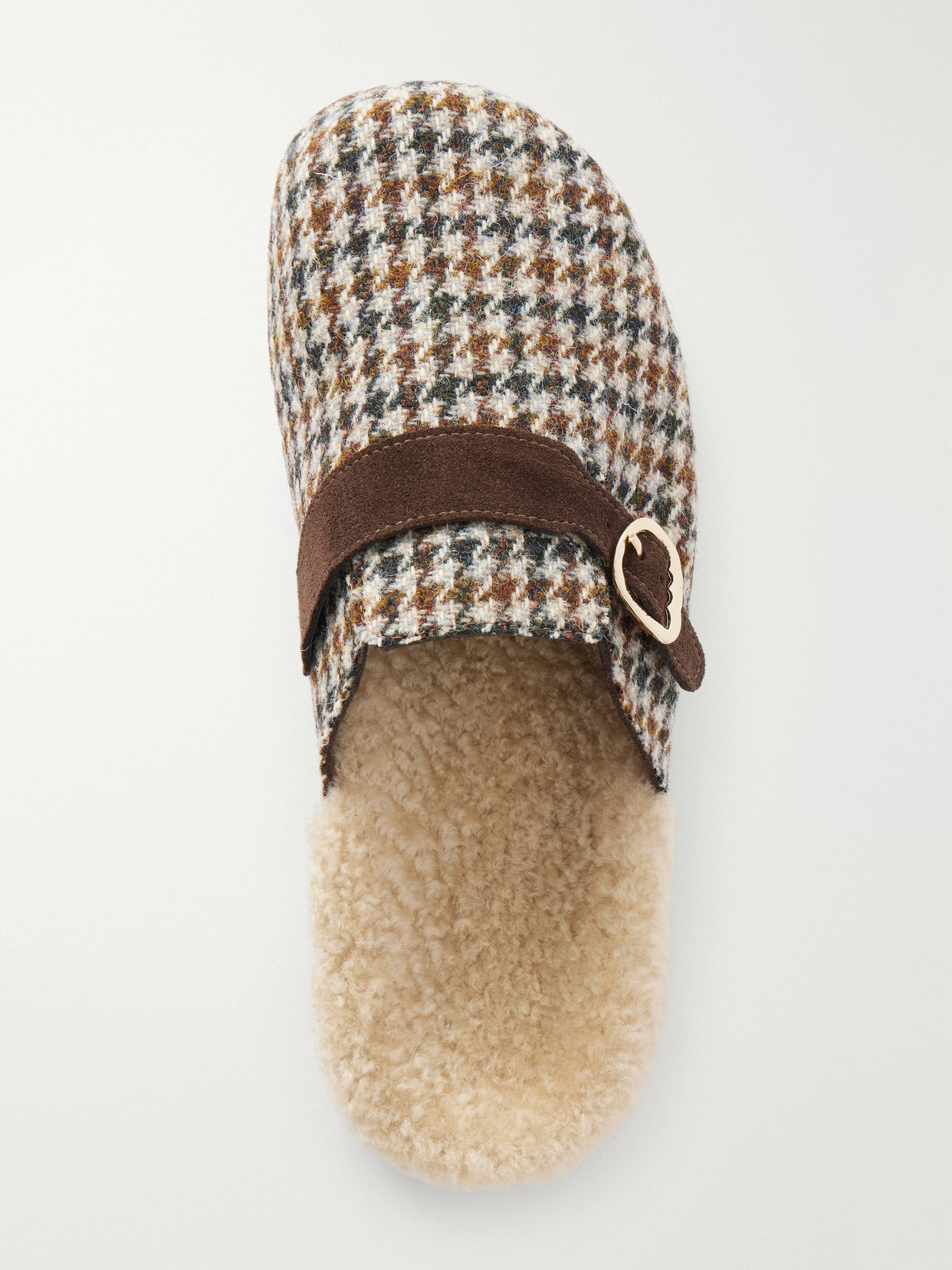 Vasilitsa Shearling-Trimmed Houndstooth Tweed Slip-Ons