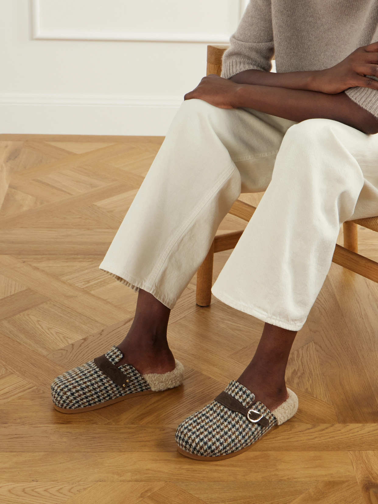 Vasilitsa Shearling-Trimmed Houndstooth Tweed Slip-Ons