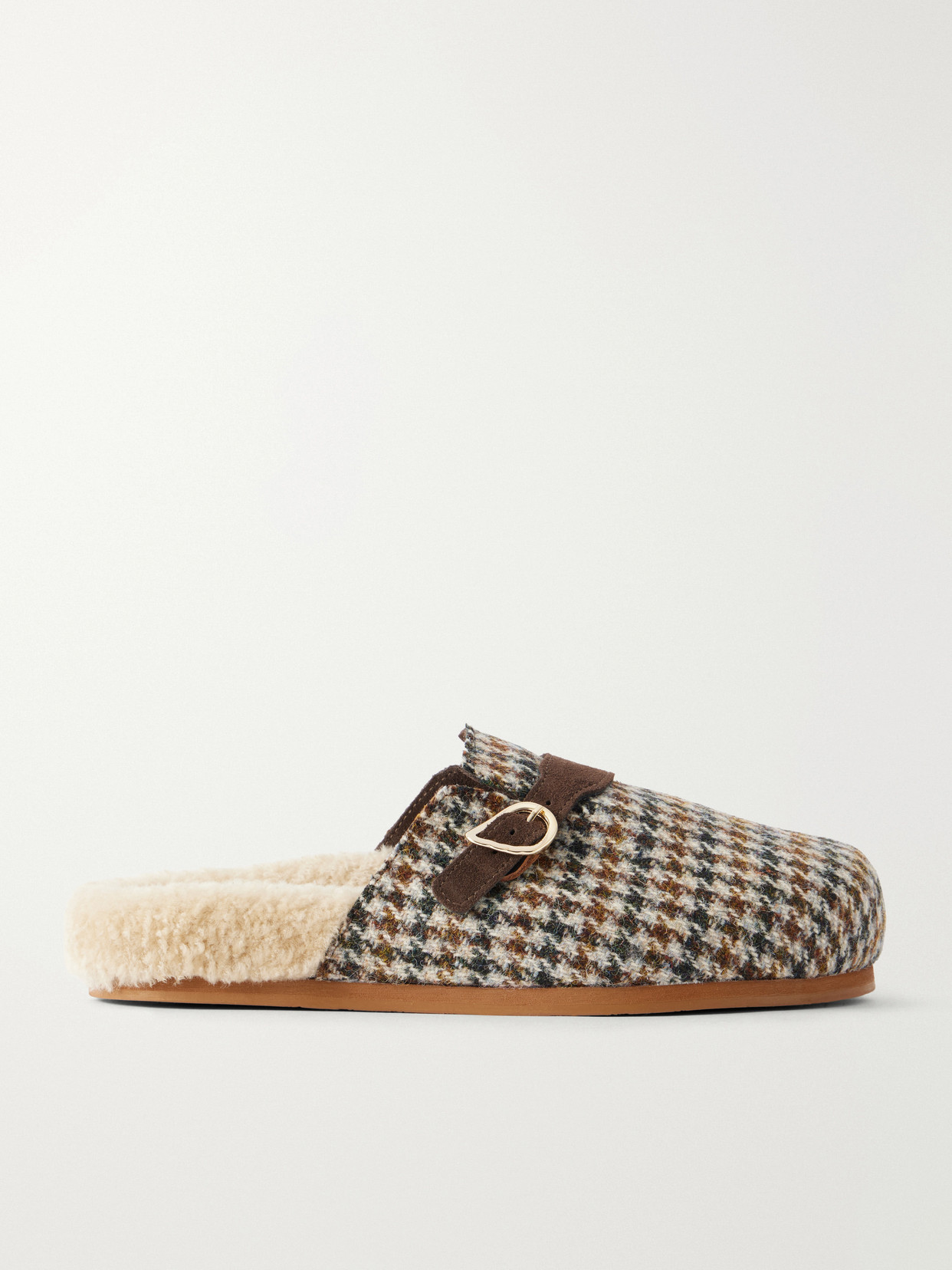 Vasilitsa Shearling-Trimmed Houndstooth Tweed Slip-Ons