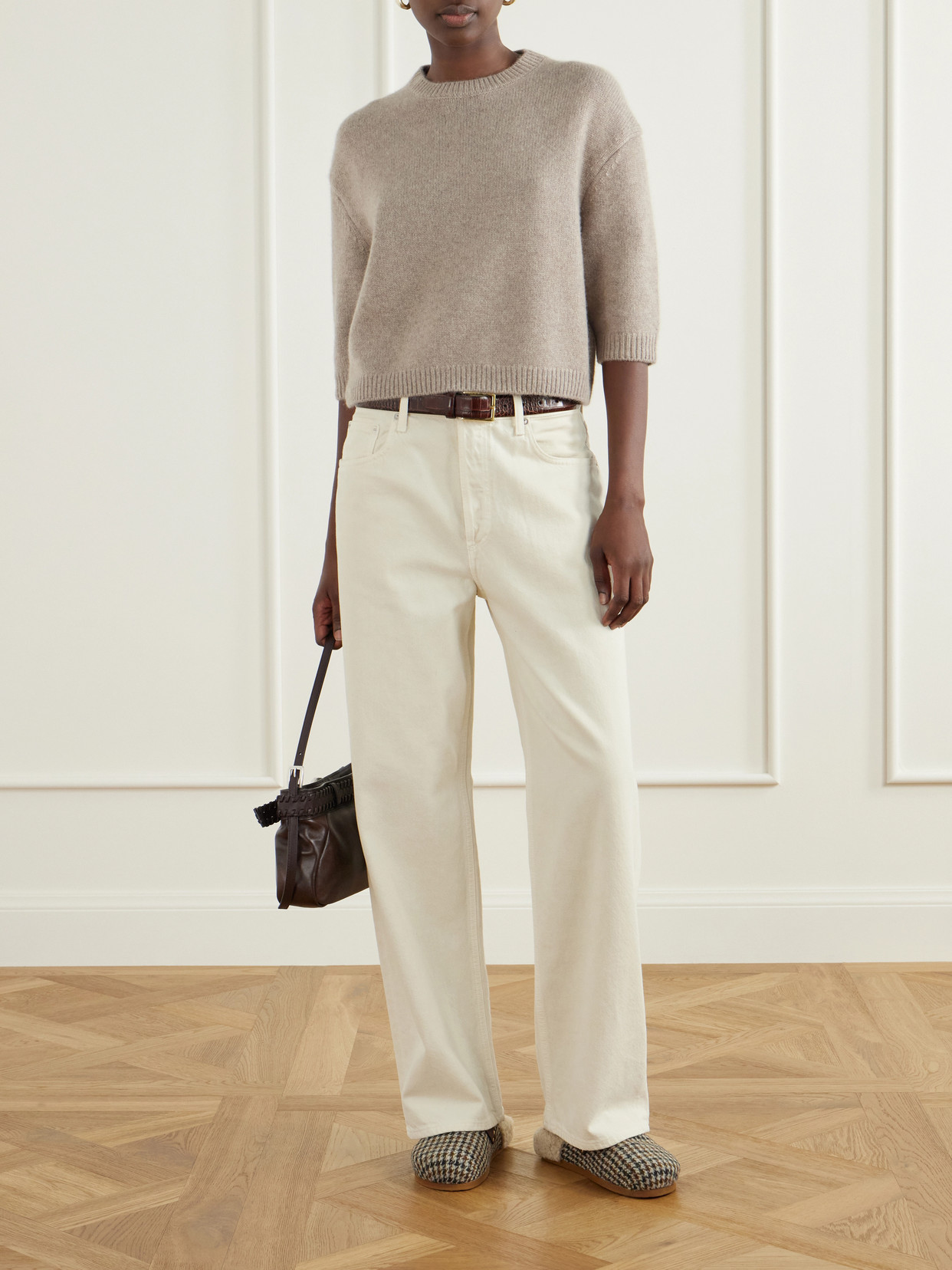 Vasilitsa Shearling-Trimmed Houndstooth Tweed Slip-Ons