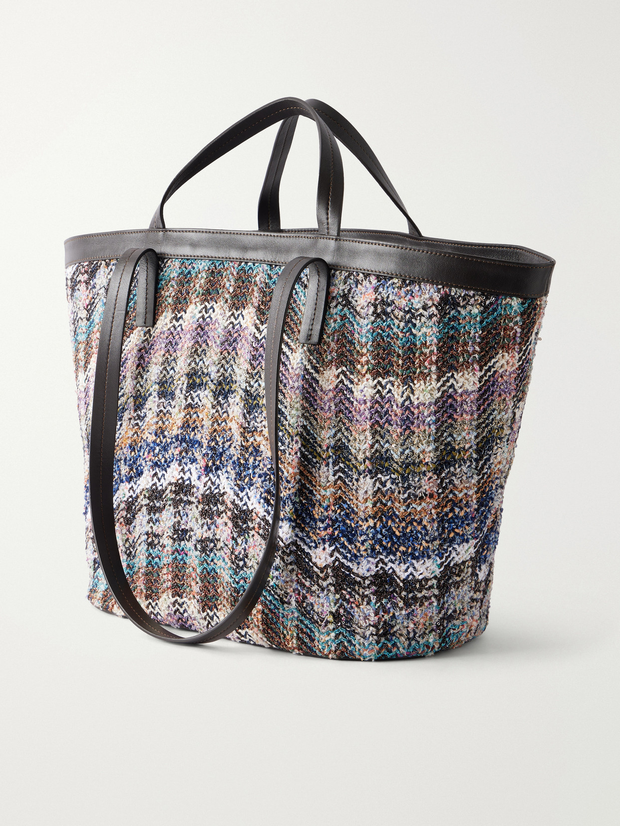 Trapezoid Medium Leather-Trimmed Metallic Crochet-Knit Tote