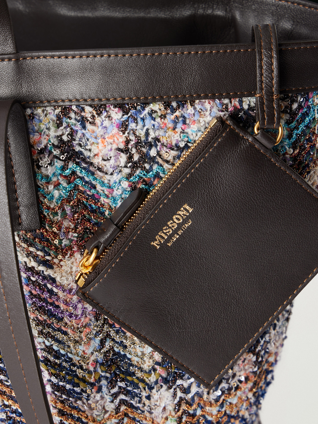 Trapezoid Medium Leather-Trimmed Metallic Crochet-Knit Tote