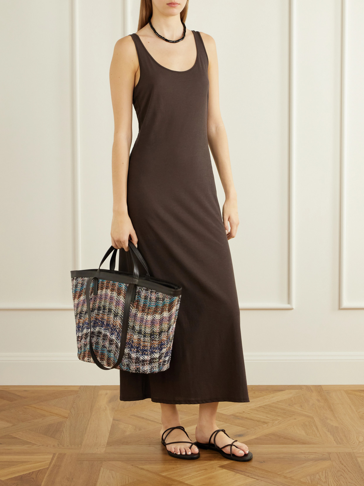 Trapezoid Medium Leather-Trimmed Metallic Crochet-Knit Tote