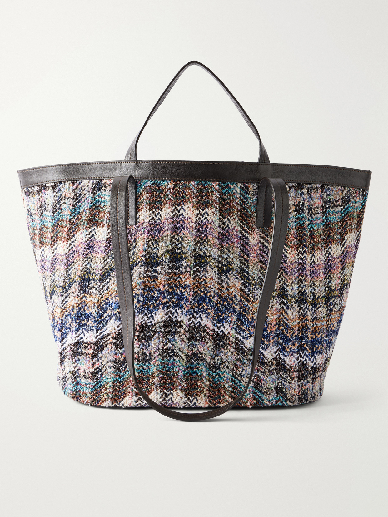 Missoni Trapezoid Medium Leather-trimmed Metallic Crochet-knit Tote In Purple