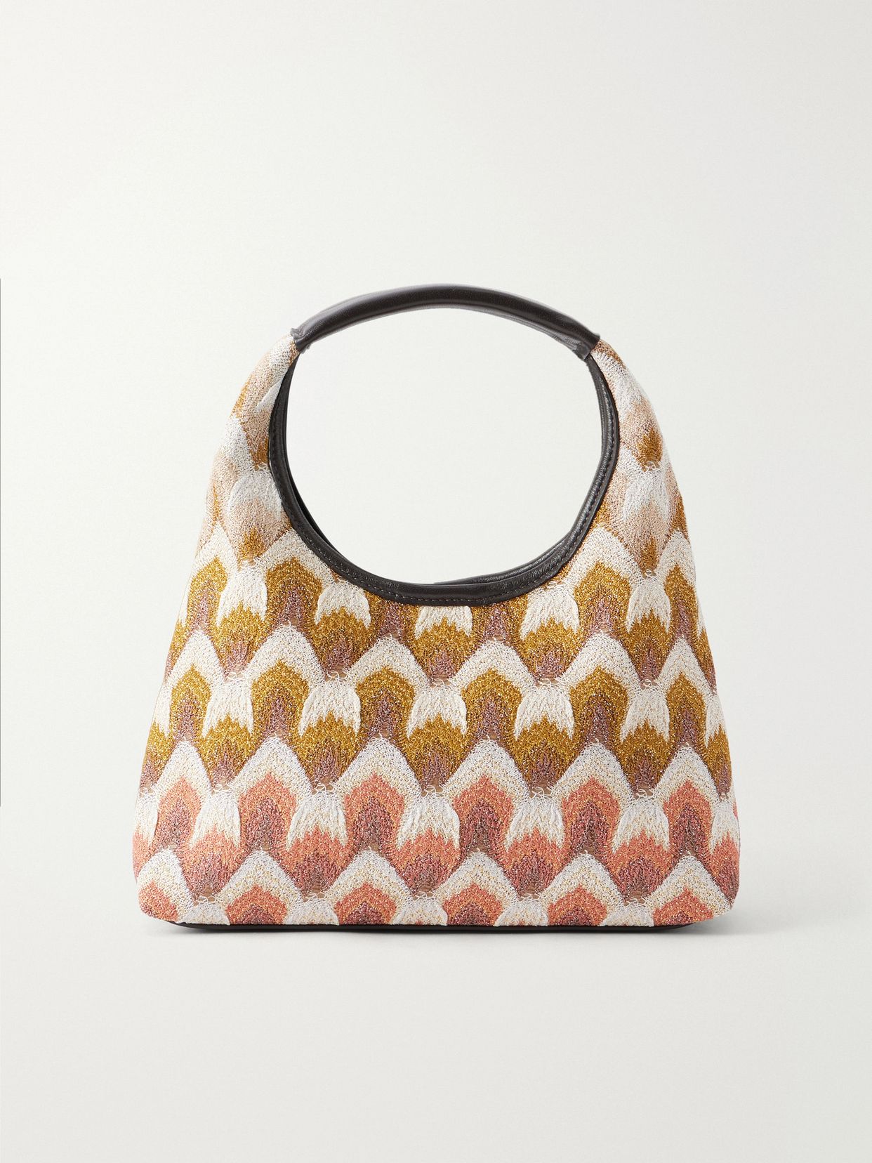 Leather-trimmed metallic crochet-knit mini tote