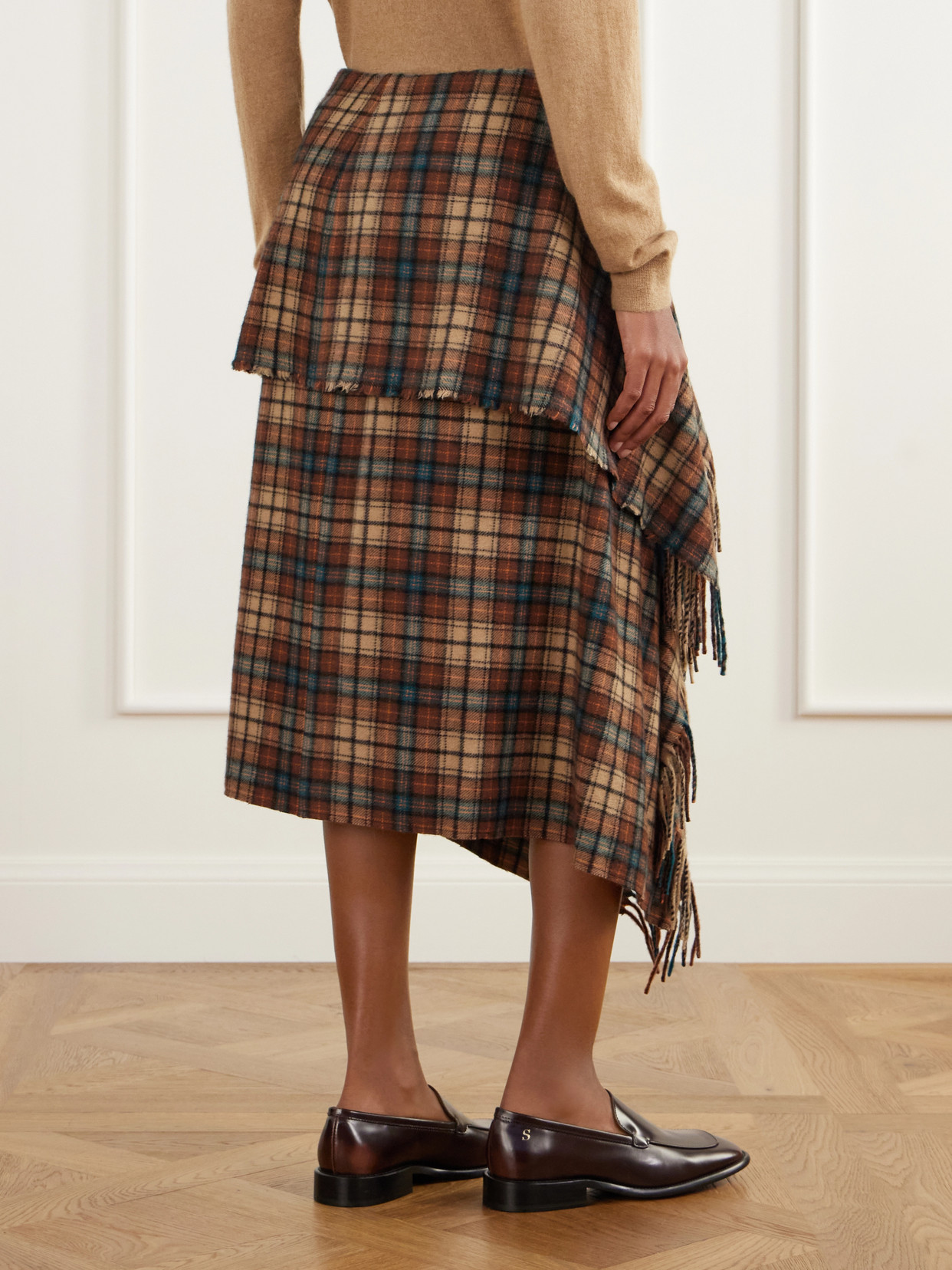 Asymmetric Fringed Checked Cashmere Wrap Midi