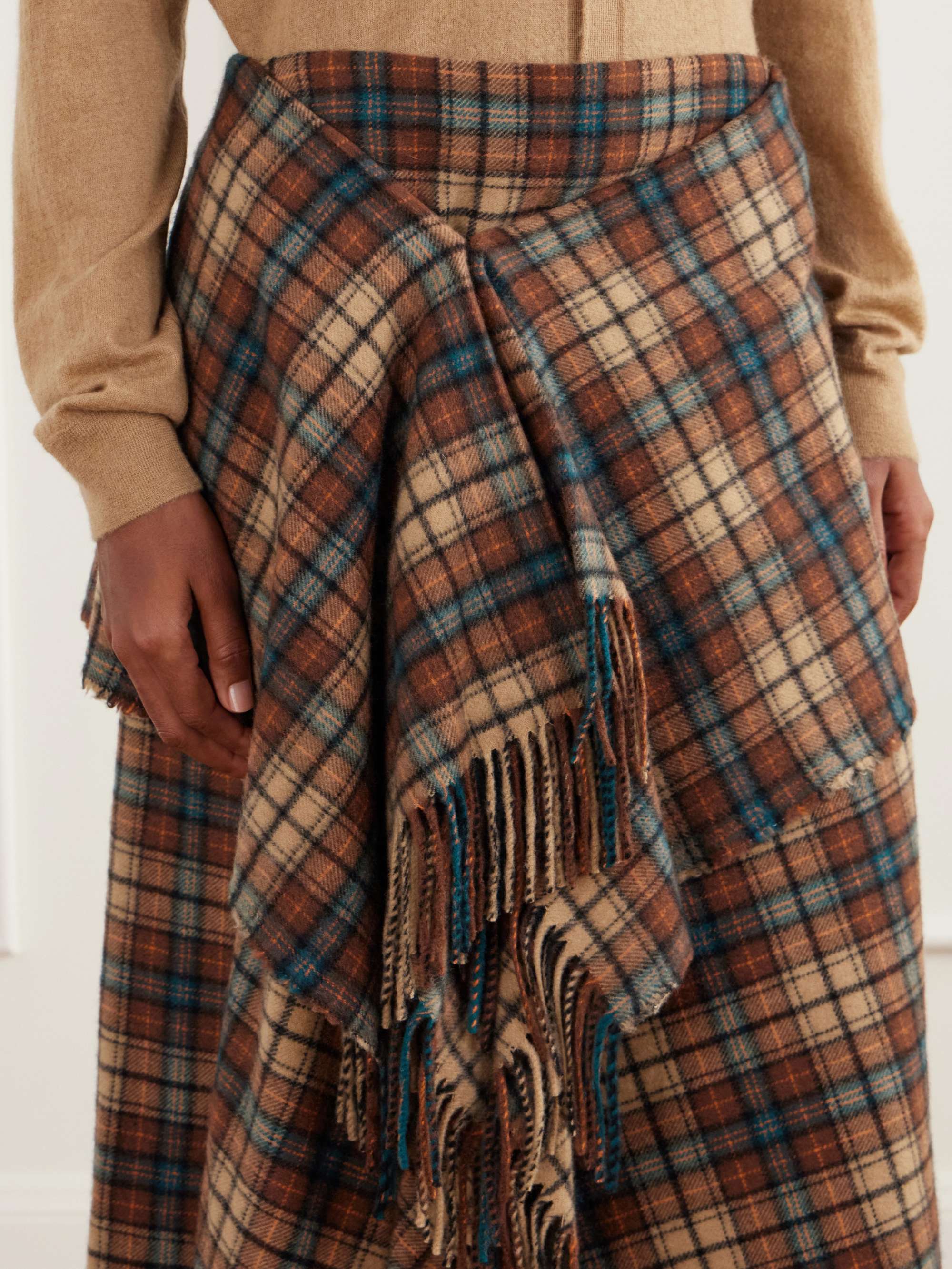 AURALEE Asymmetric fringed checked cashmere wrap midi skirt | NET