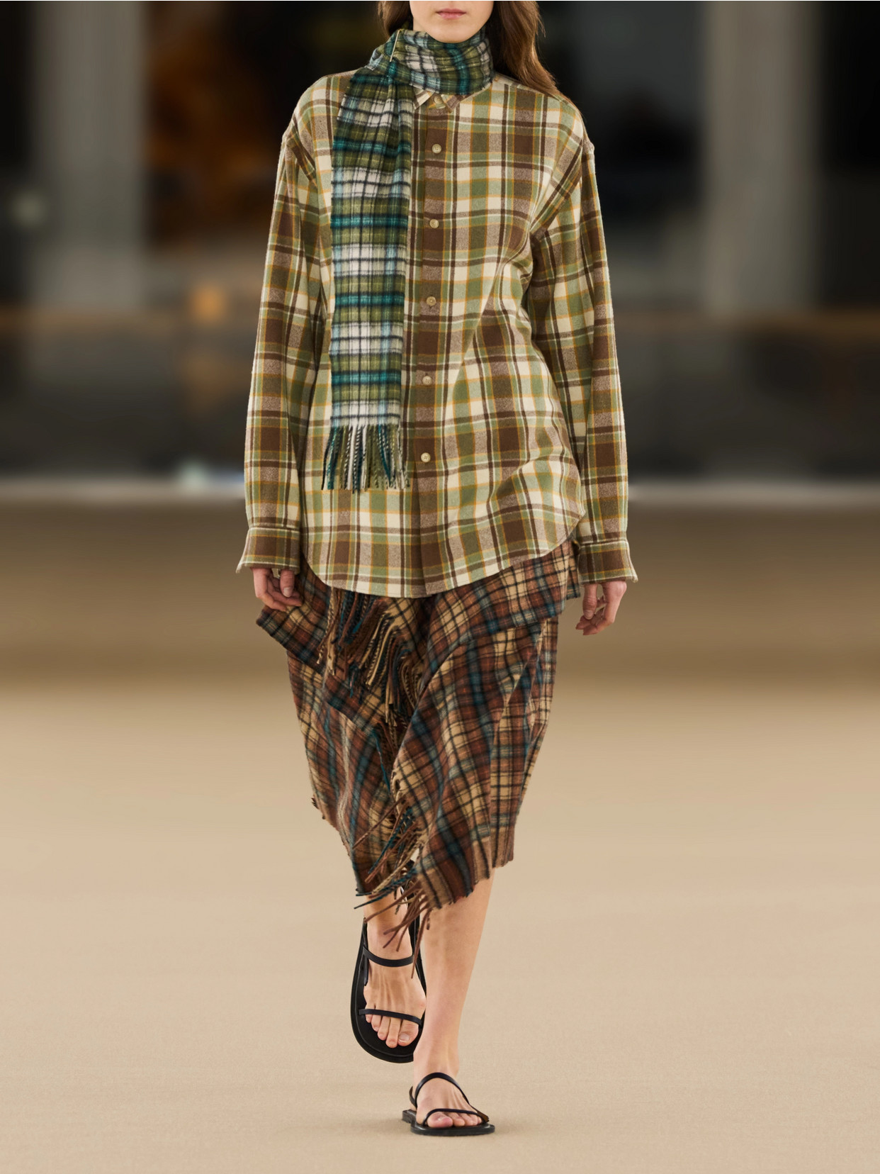 Asymmetric Fringed Checked Cashmere Wrap Midi