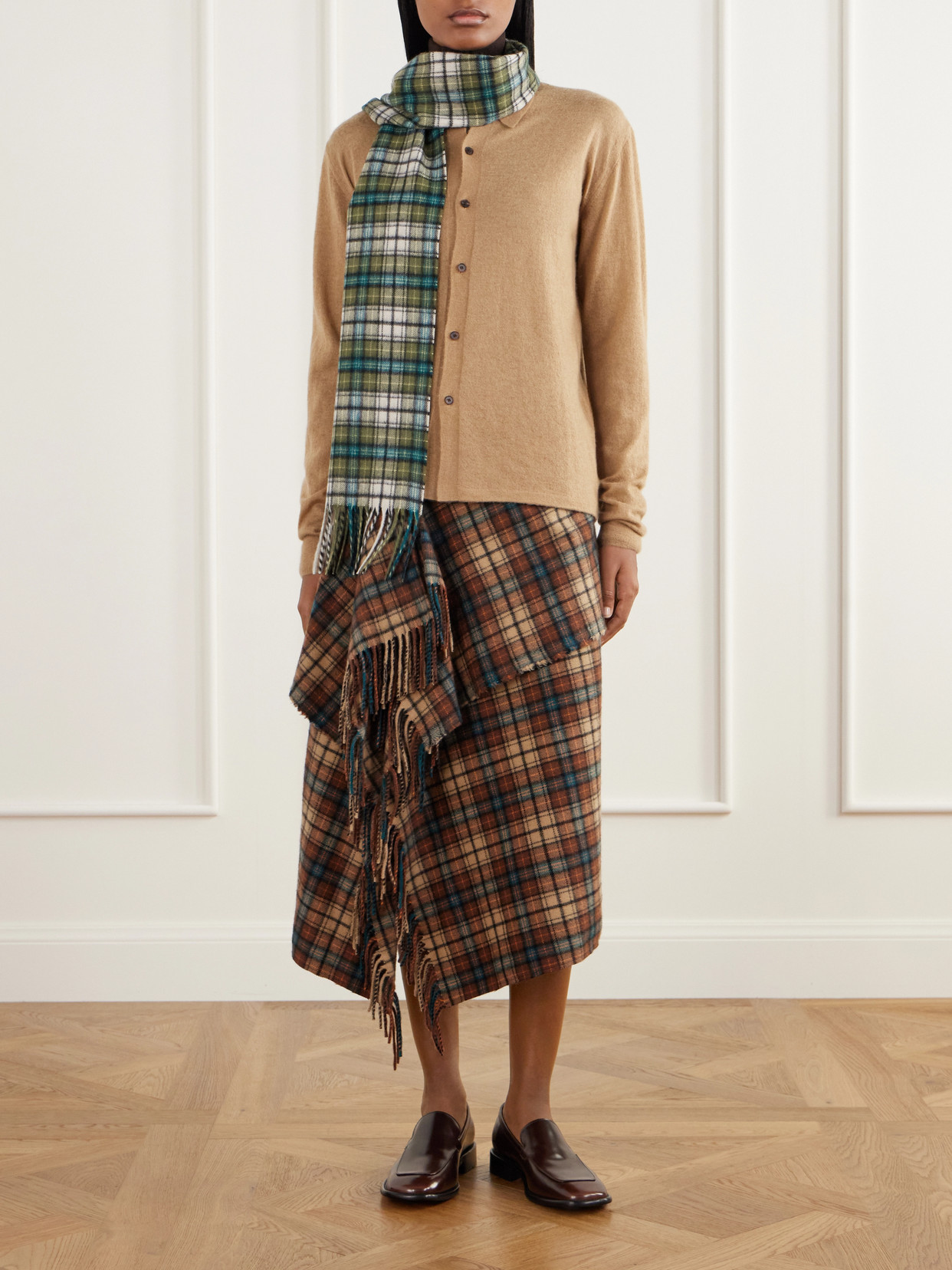 Asymmetric Fringed Checked Cashmere Wrap Midi