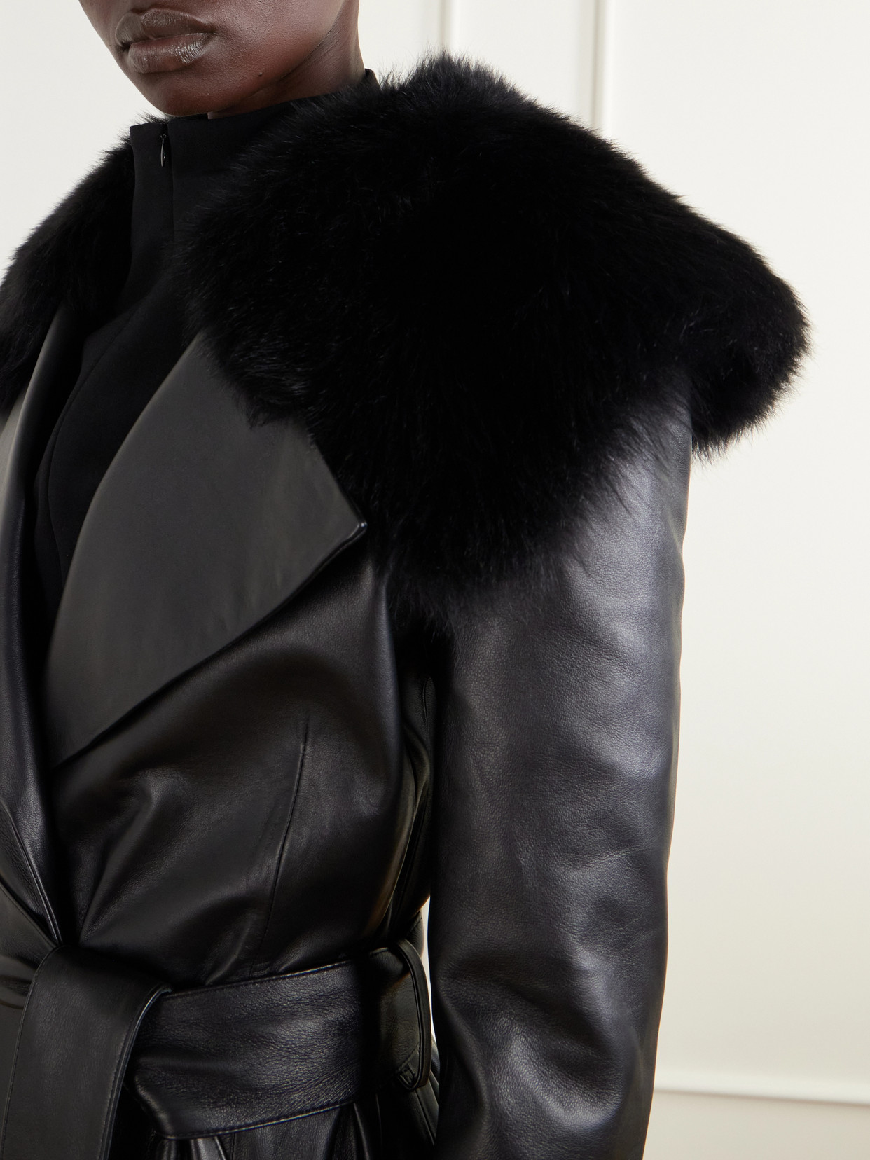 Rosa Belted Paneled Shearling-Trimmed Leather Wrap Coat