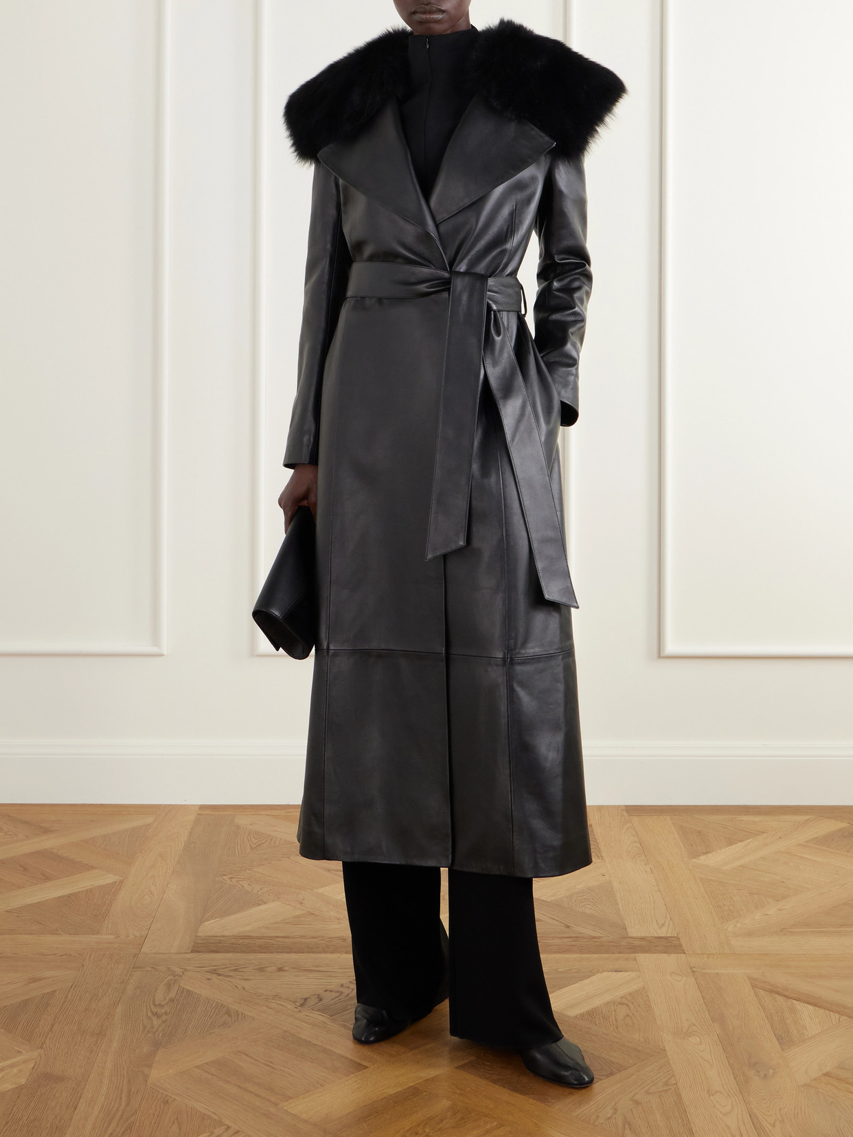 Rosa Belted Paneled Shearling-Trimmed Leather Wrap Coat