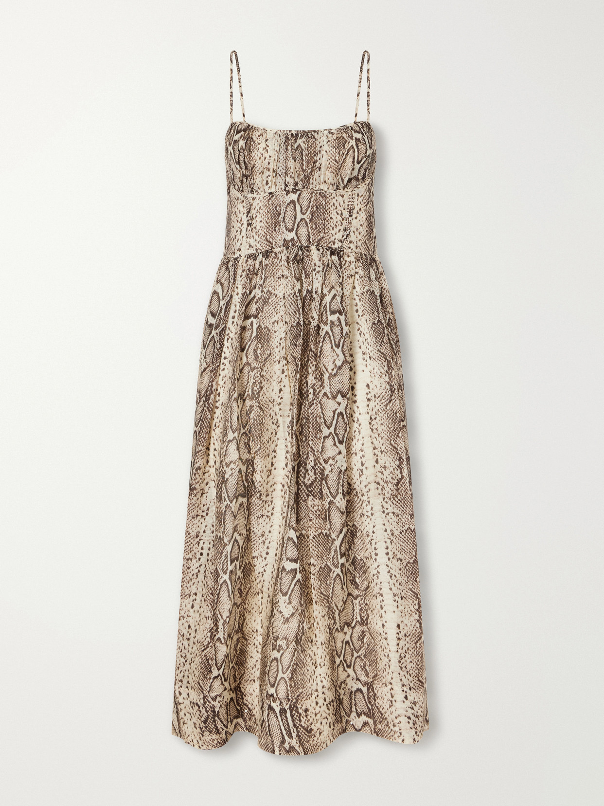 Cara Cara Alba Gathered Snake-print Linen And Silk-blend Organza Midi Dress In Brown