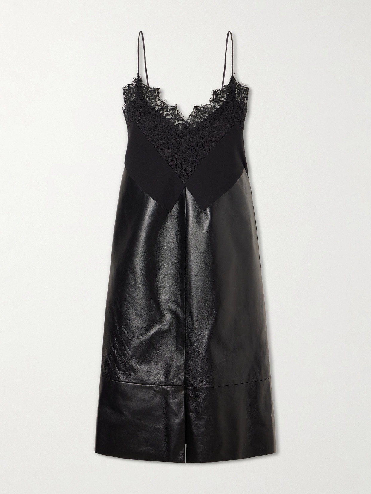 Sharon Wauchob Tulipa Gathered Lace-trimmed Jersey And Leather Midi Dress In Black