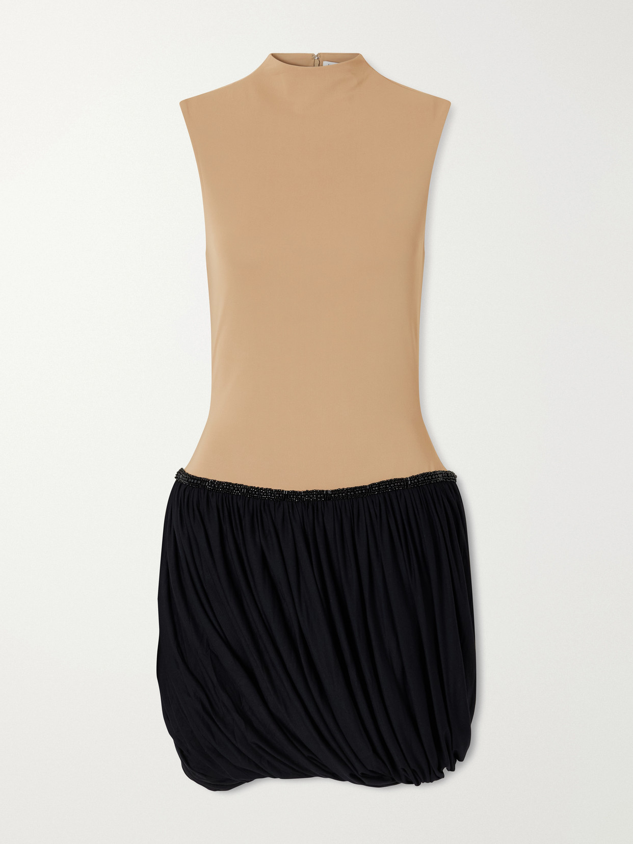 Abadia Draped Bead-embellished Two-tone Jersey Mini Dress In Brown