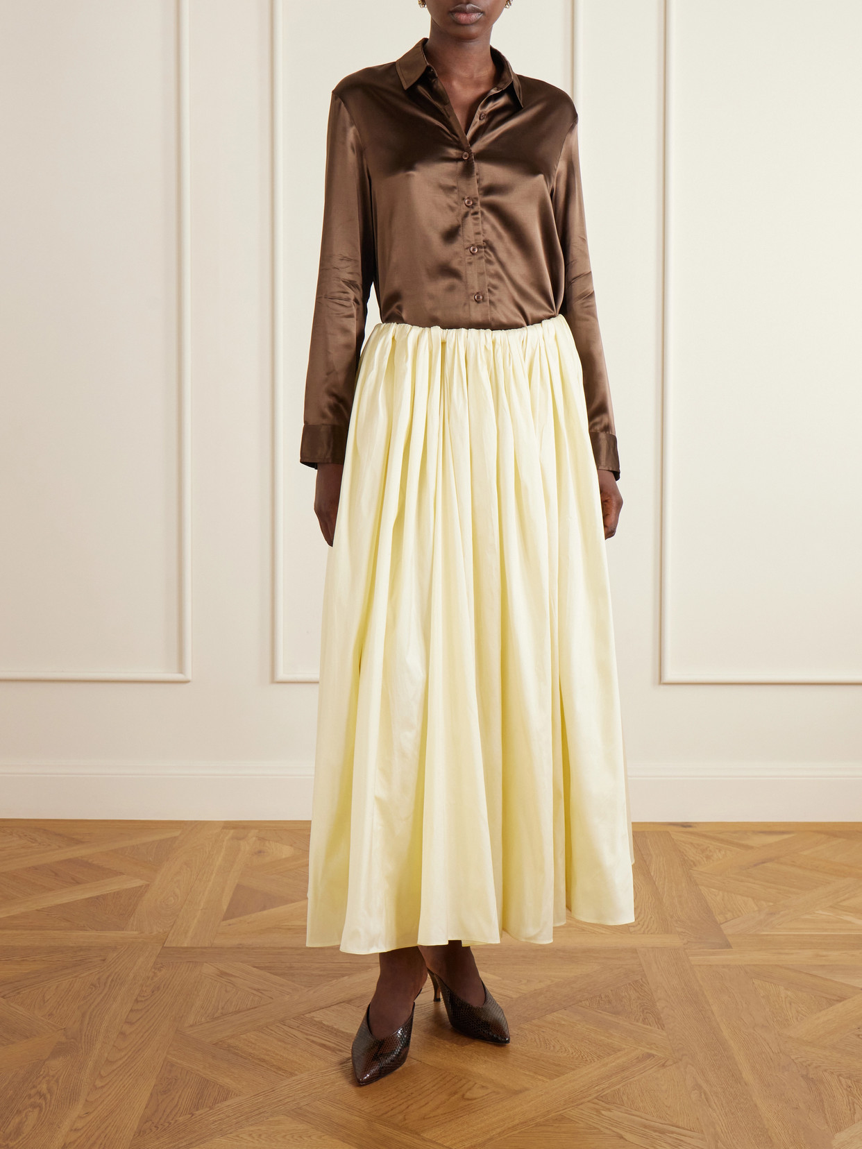 Elodie Pleated Duchesse-Satin Midi