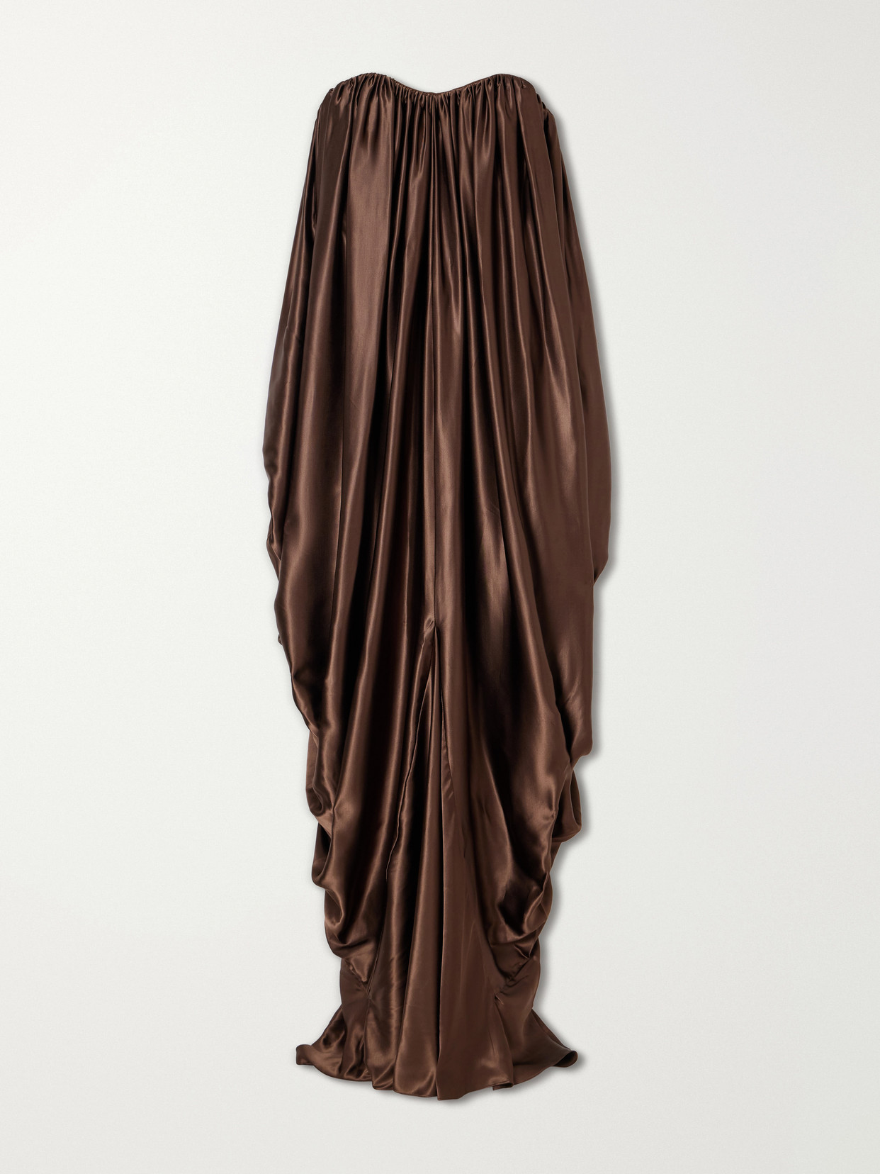 Abadia Draped Strapless Satin Gown In Brown