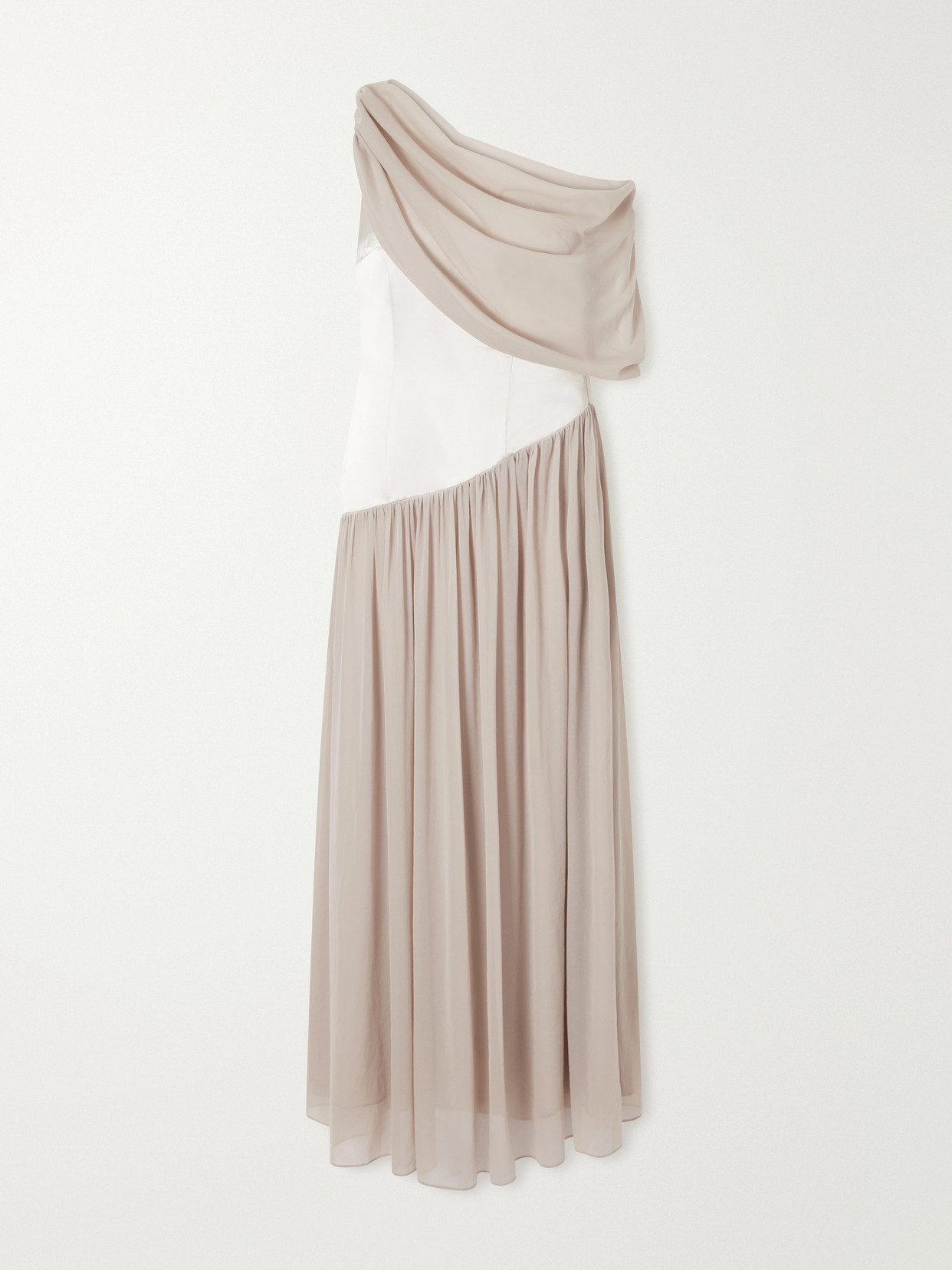Abadia Gwyneth Asymmetric Draped Satin-trimmed Gerogette Gown In Brown
