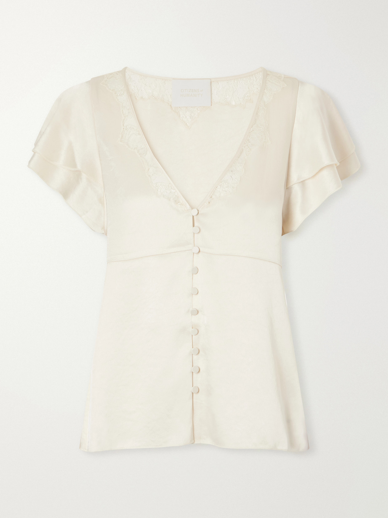 Citizen Of Humanity Lola Flutter Lace-trimmed Satin Blouse In White