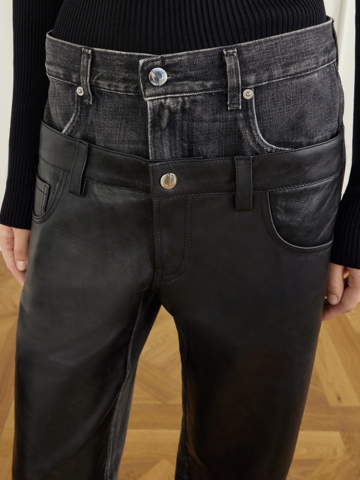 Bonnie Double Wb Hedwig Black Denim-Trimmed Leather Mid-Rise Wide- Leg