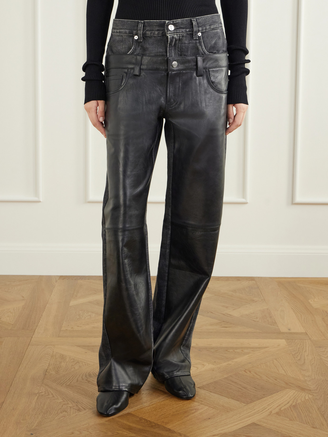 Bonnie Double Wb Hedwig Black Denim-Trimmed Leather Mid-Rise Wide- Leg