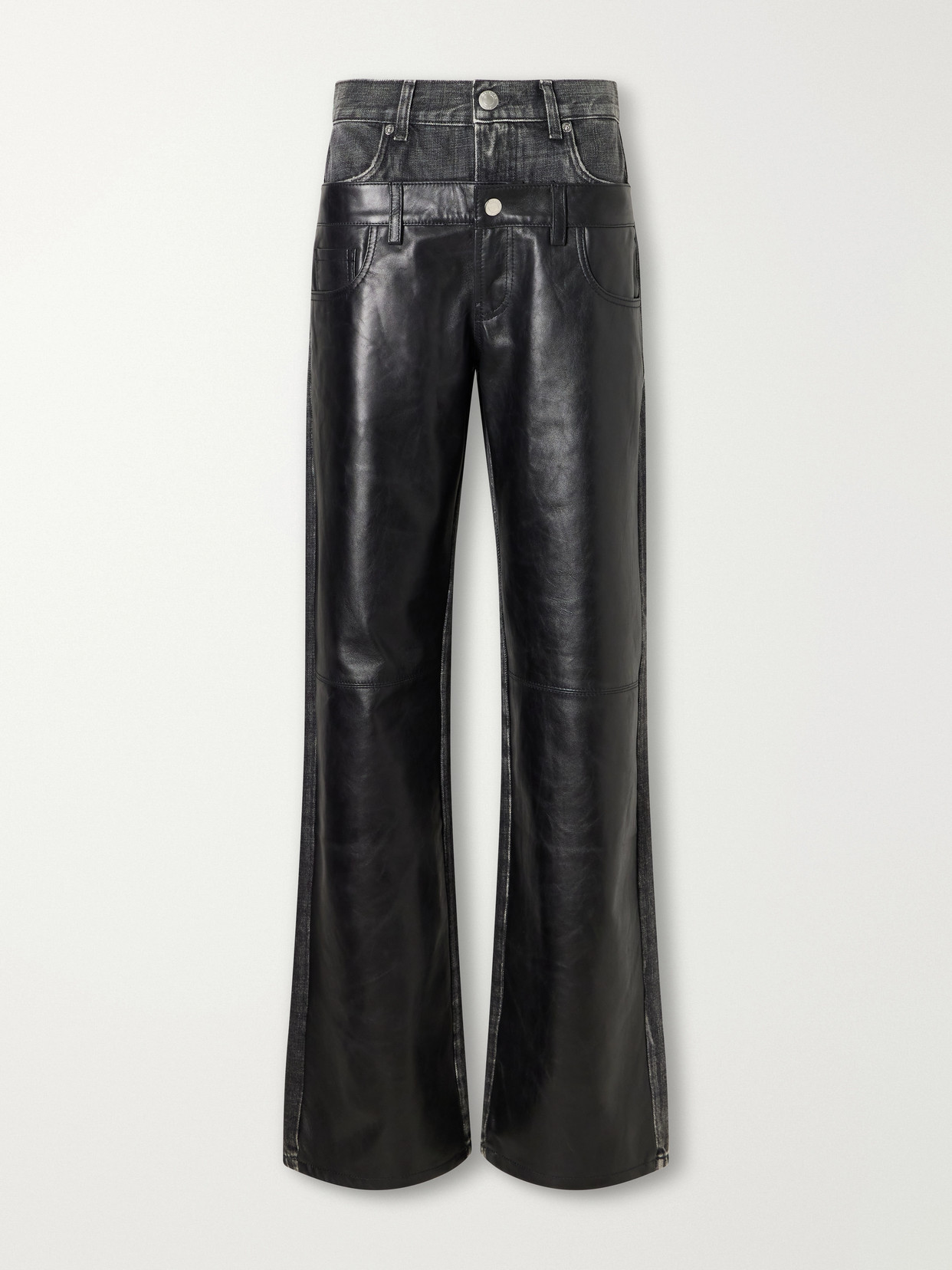 Haikure Bonnie Double Wb Hedwig Black Denim-trimmed Leather Mid-rise Wide-leg Jeans