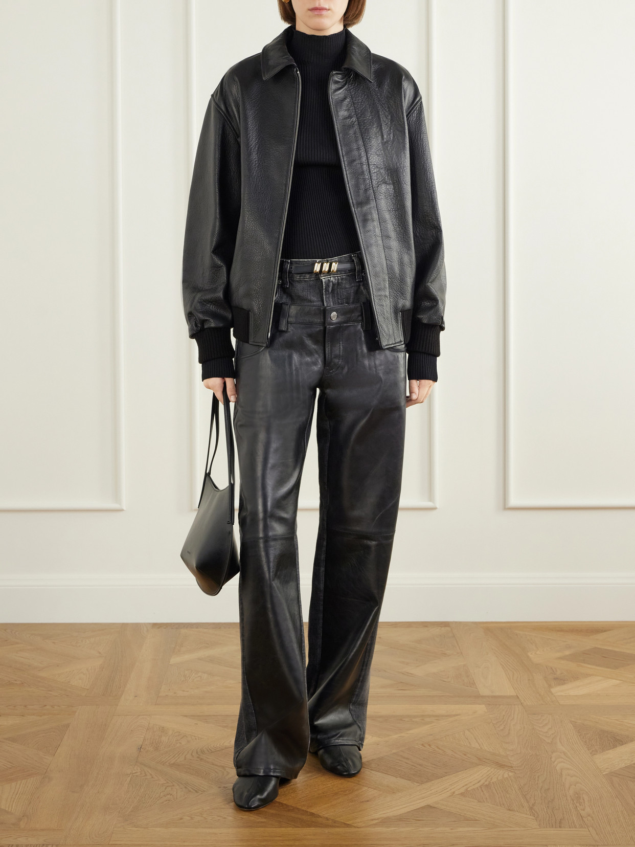 Bonnie Double Wb Hedwig Black Denim-Trimmed Leather Mid-Rise Wide- Leg