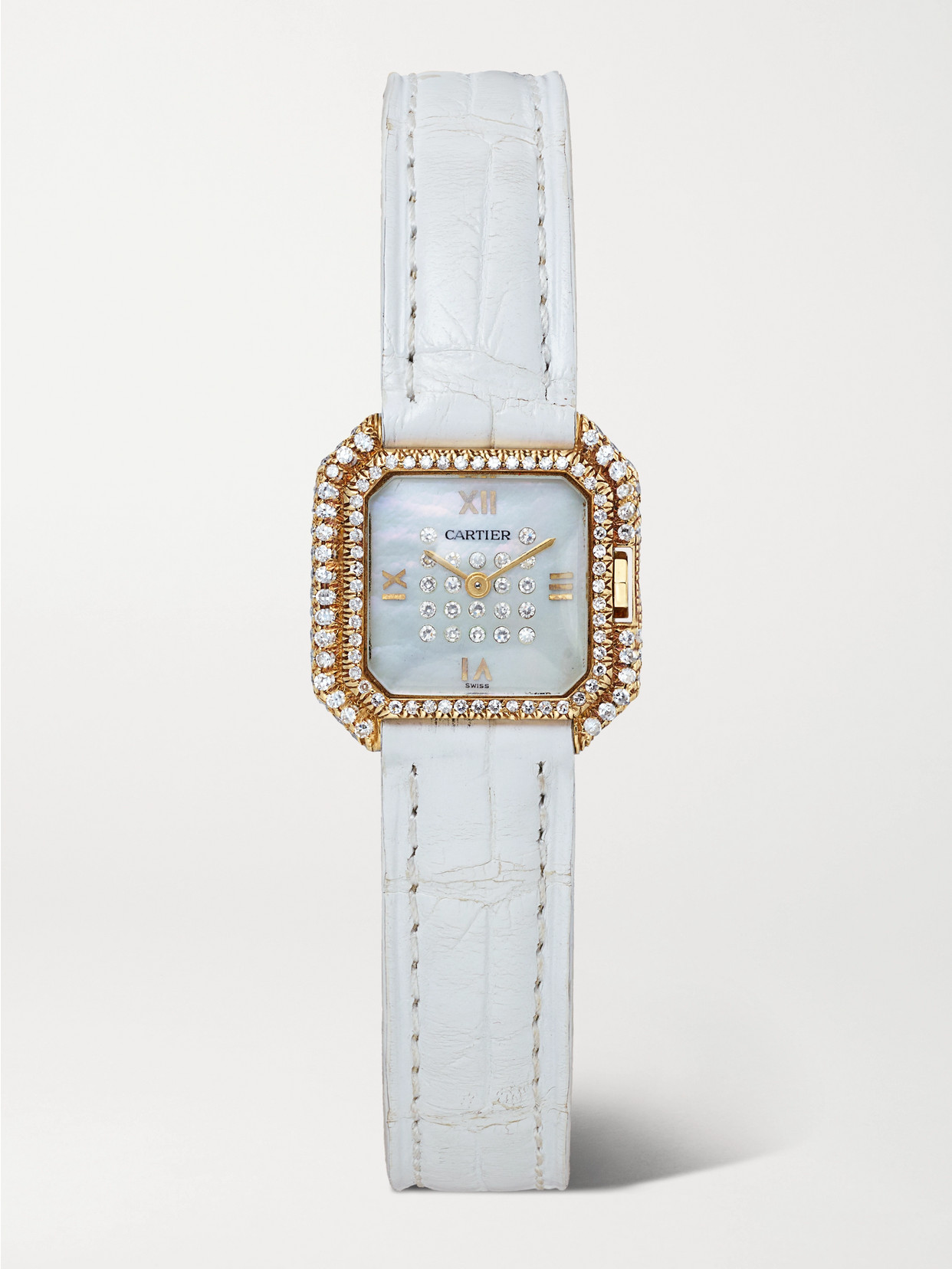 Stephanie Windsor + Cartier Vintage 1980s Mini Ceinture 20mm 18-karat Gold, Diamond, Mother-of-pearl And Leather Watch In White