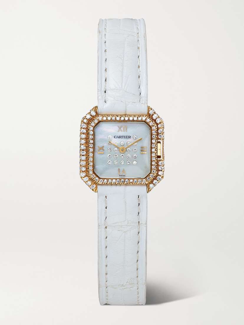 Stephanie Windsor + Cartier Vintage 1980s Mini Ceinture 20mm 18-karat Gold, Diamond, Mother-of-pearl And Leather Watch (fits Up To 6'' Wrist)