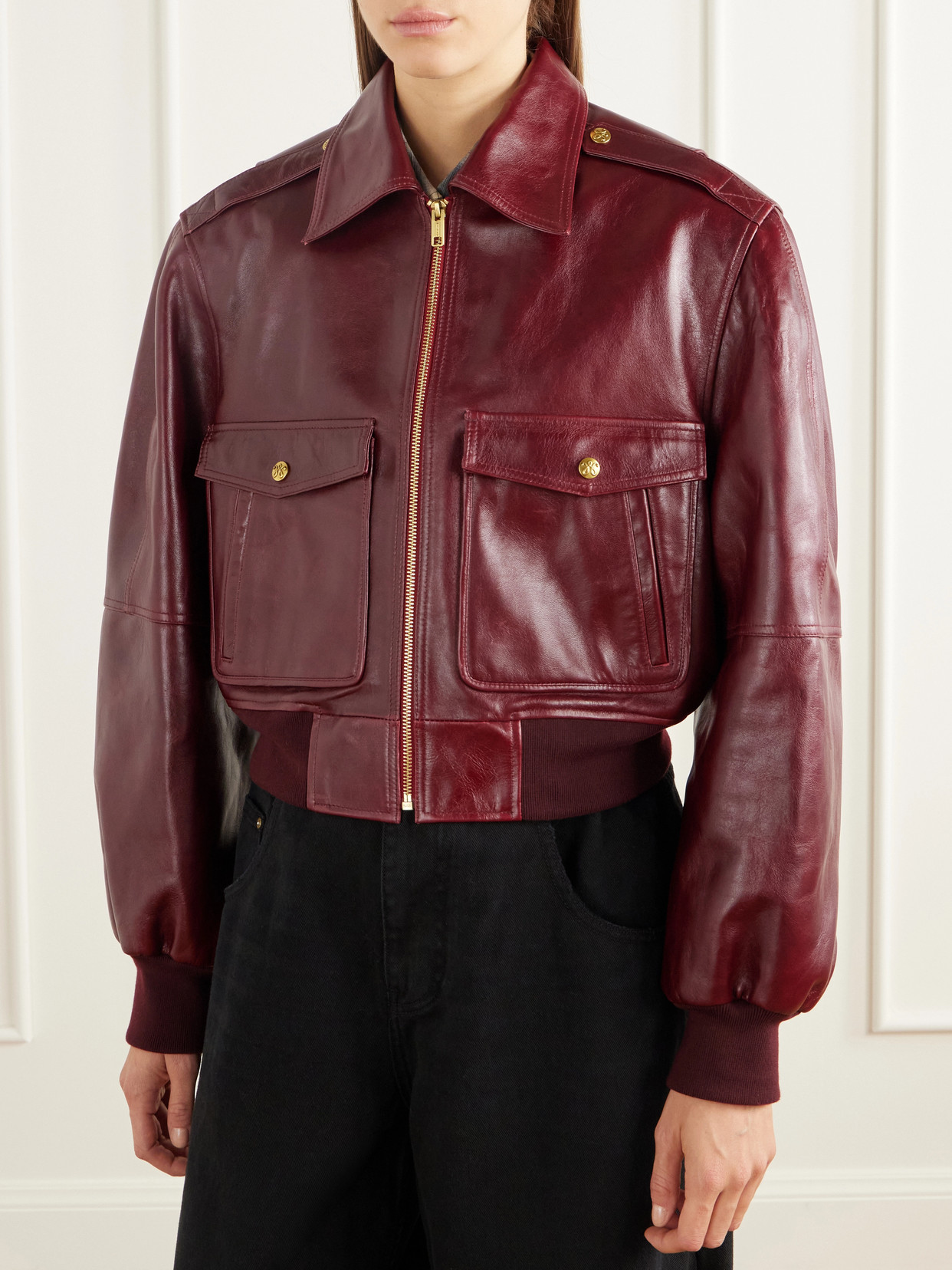 Cropped Leather Bomber Jacket
