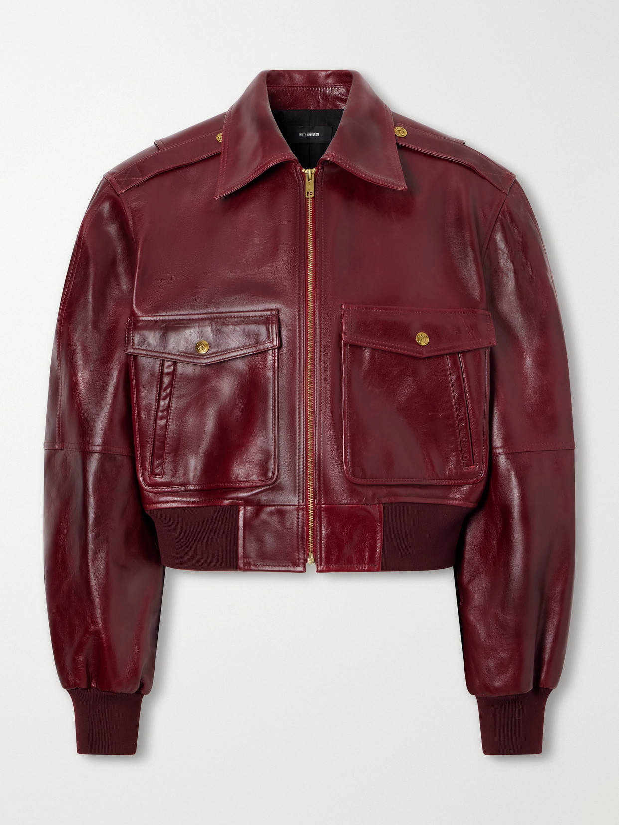 Willy Chavarria Cropped Leather Bomber Jacket In Burgundy
