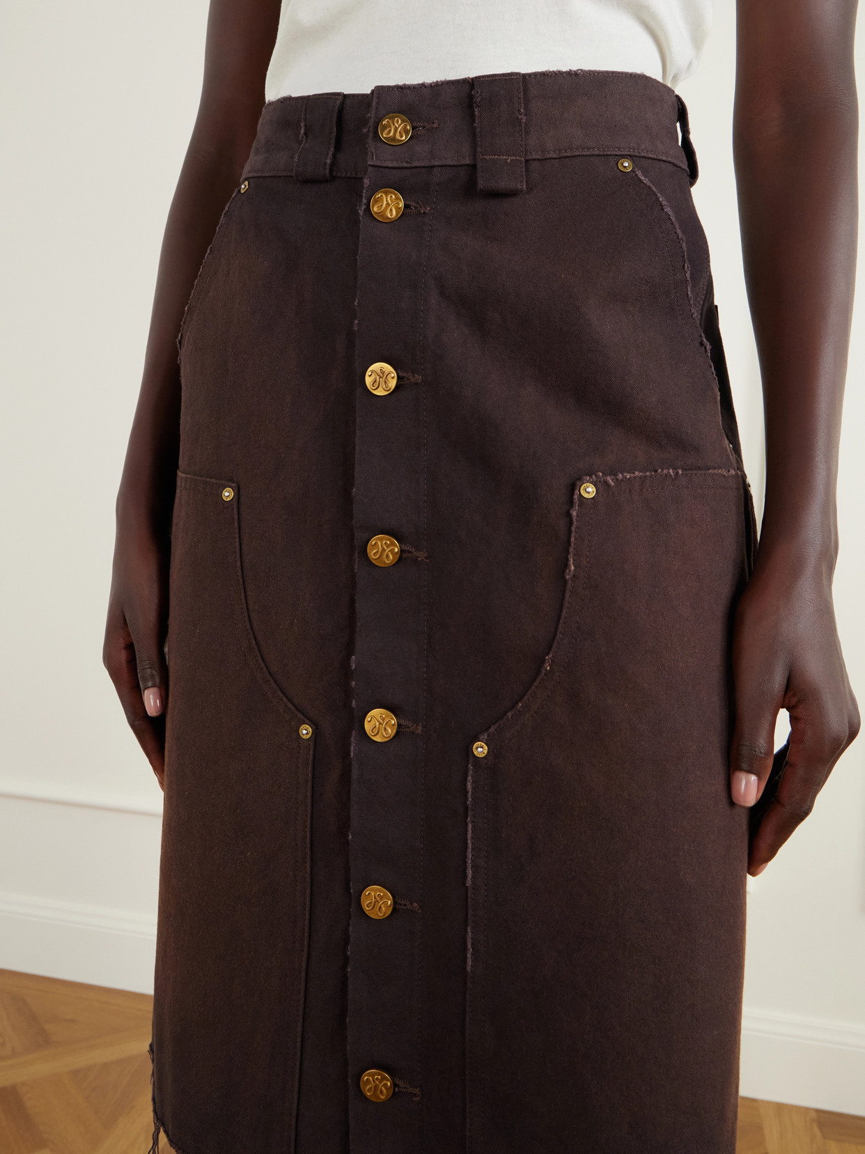 Workwear Faded Frayed Cotton Duck-Canvas Knee-Length Skirt