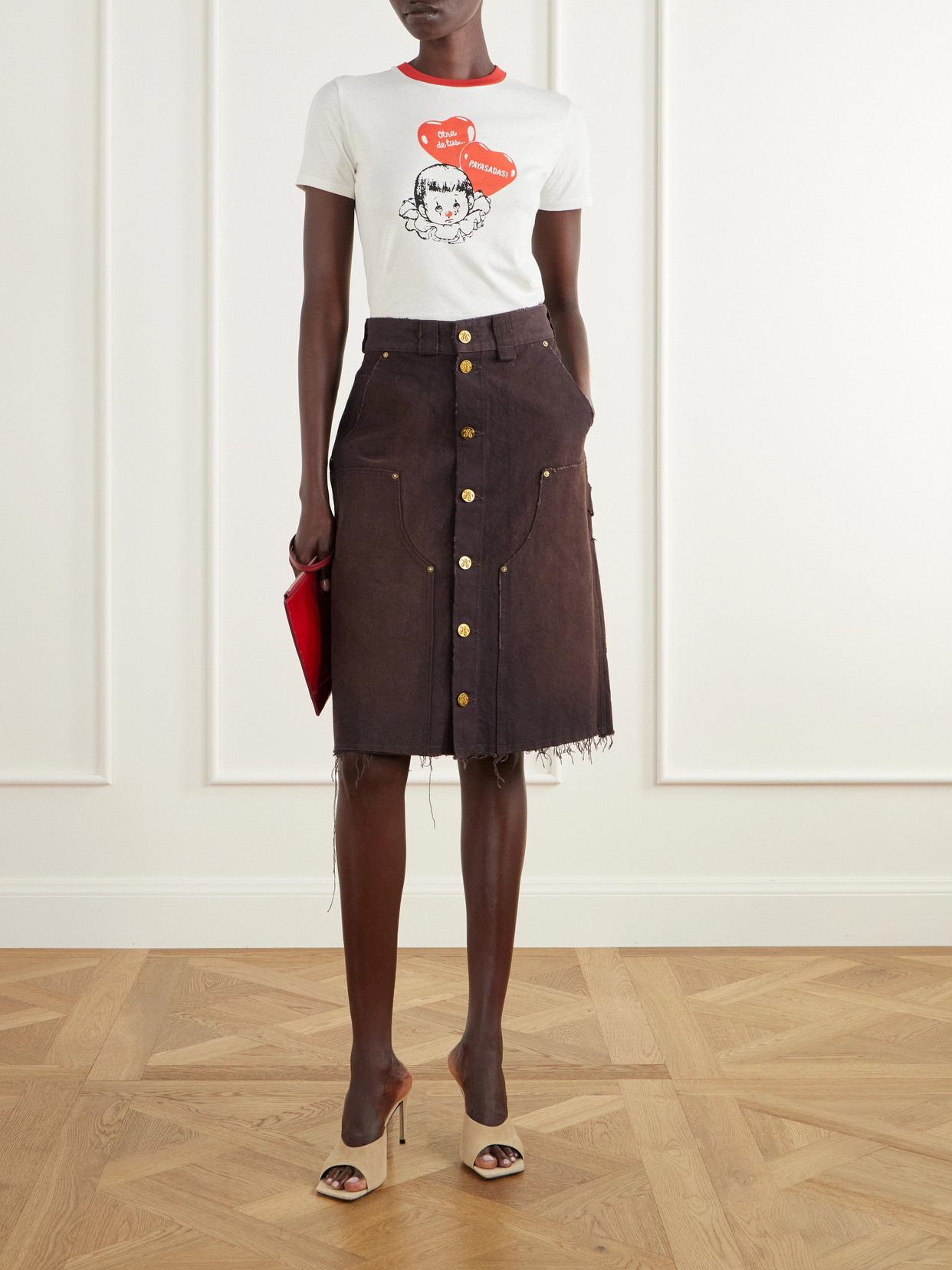 Workwear Faded Frayed Cotton Duck-Canvas Knee-Length Skirt
