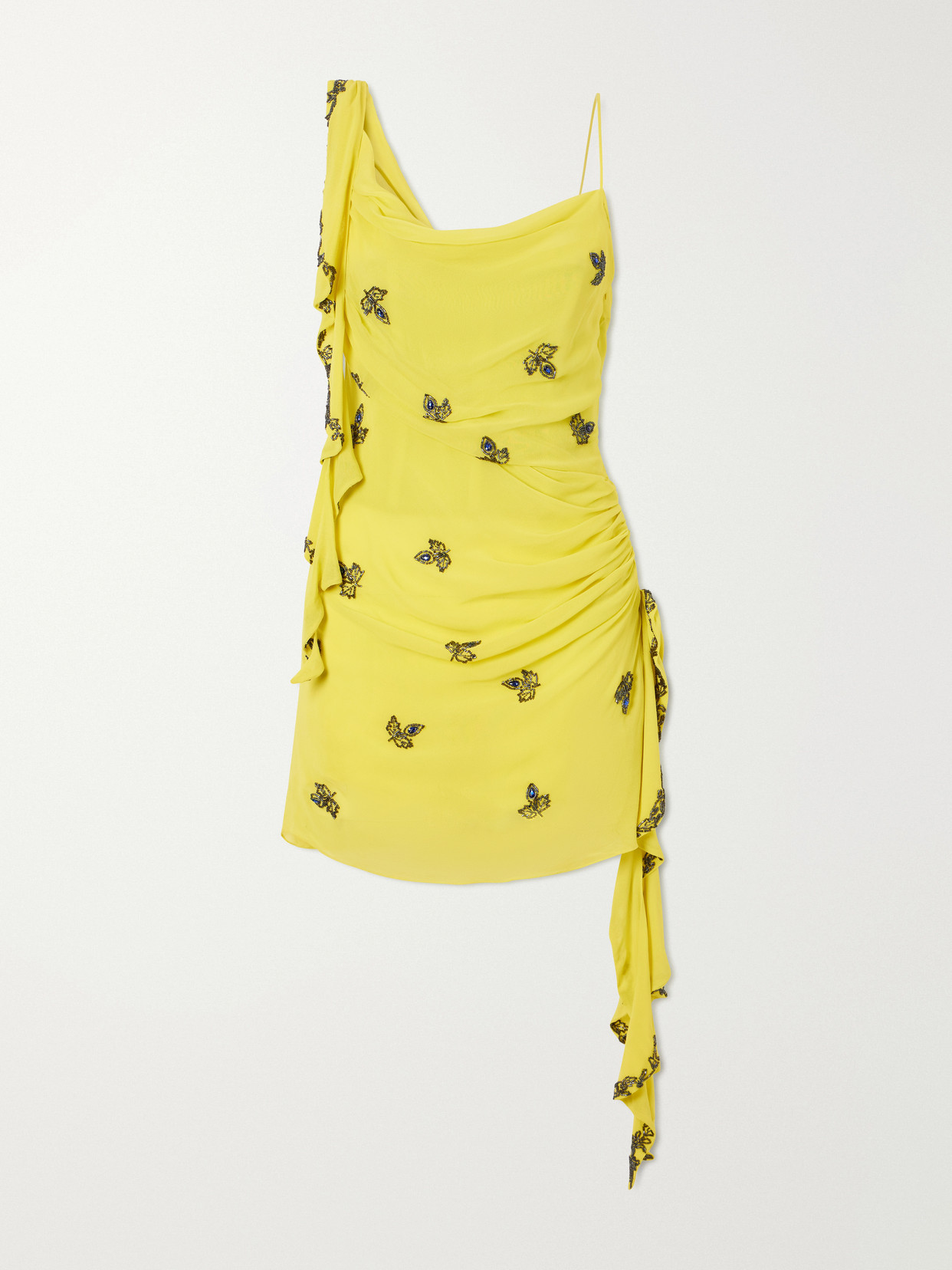 Clio Peppiatt Isola Asymmetric Gathered Embellished Chiffon Mini Dress In Yellow
