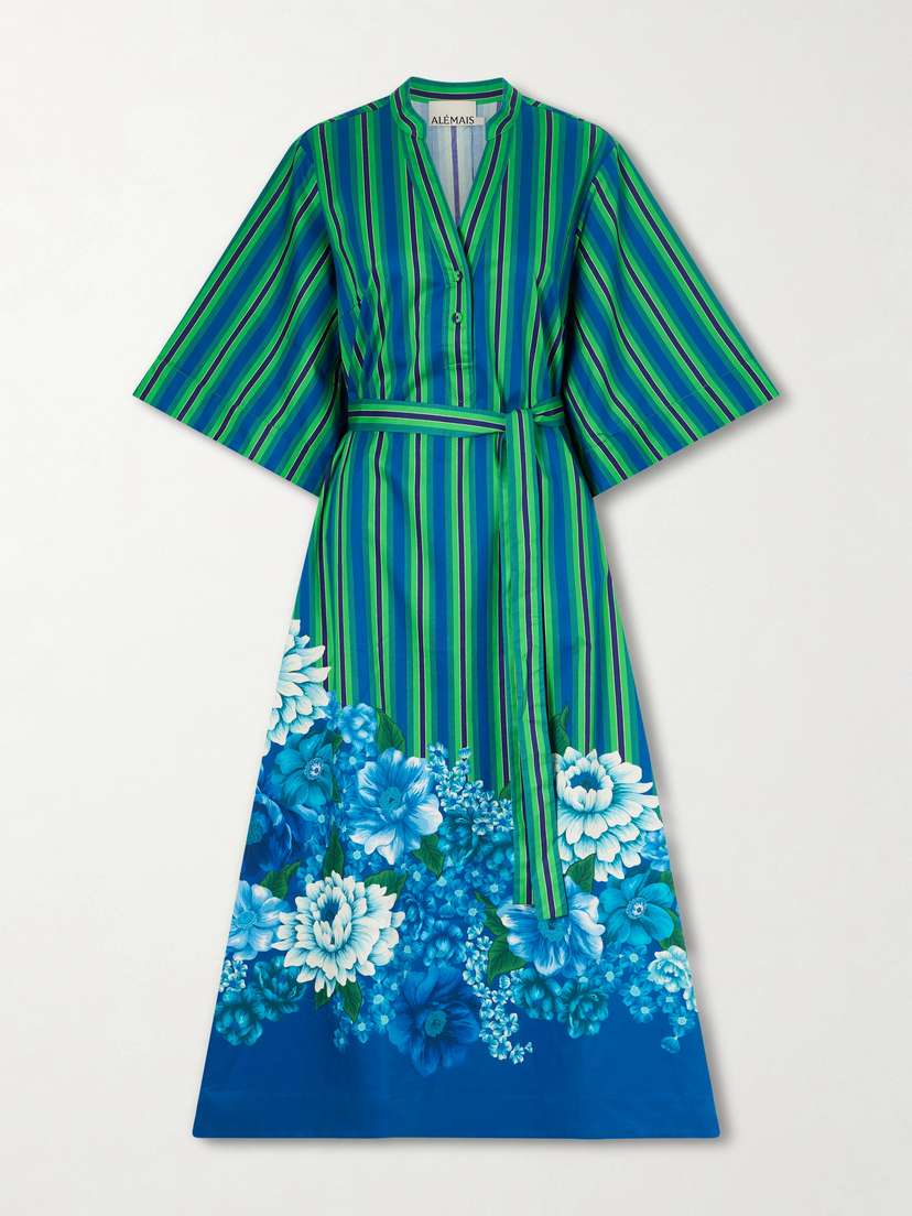 ALÉMAIS Margo Belted Striped Floral-print Organic Cotton-poplin Midi Dress