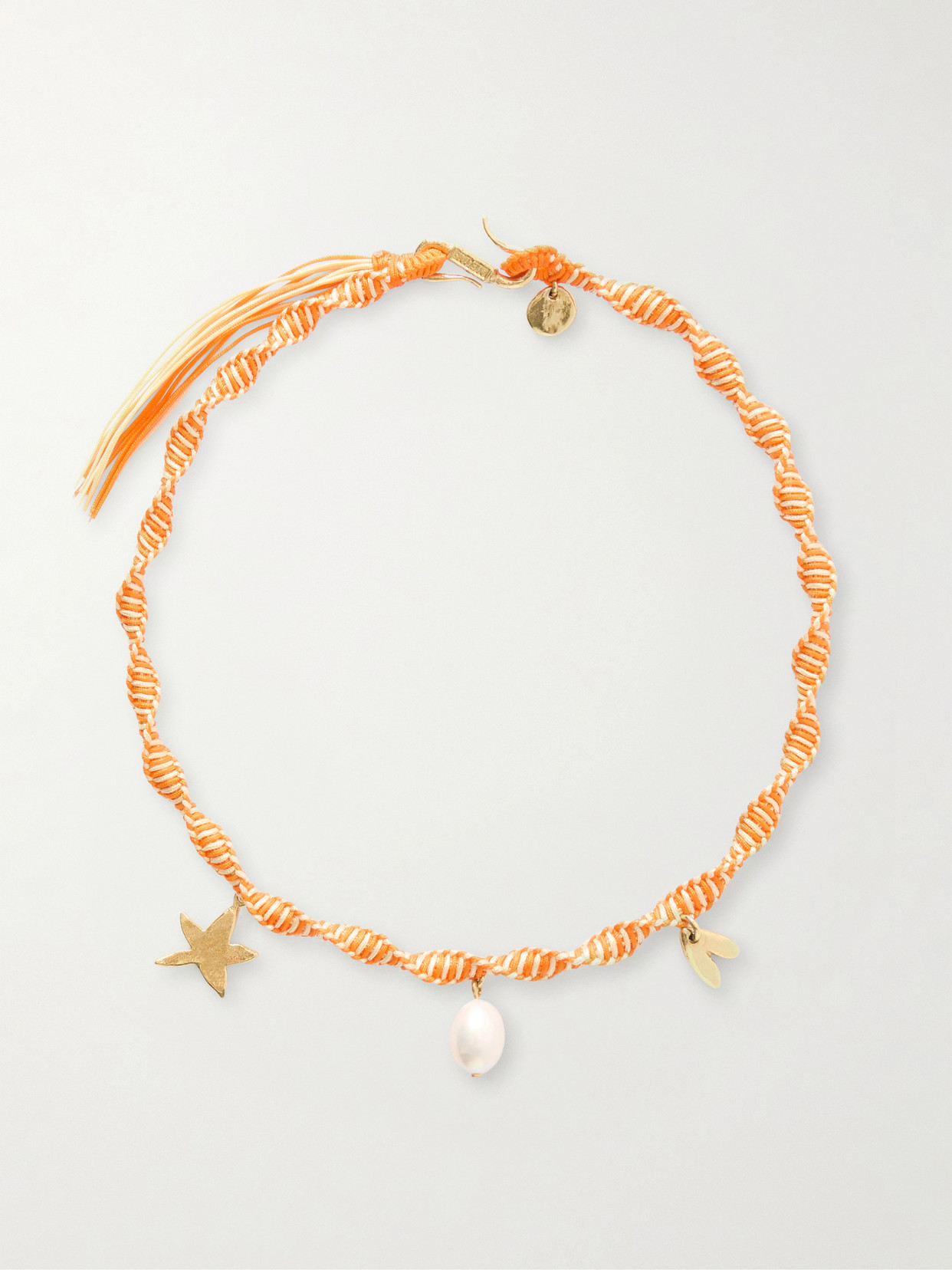 Alemais Calypso Macrame And Pearl Charm Necklace In Orange