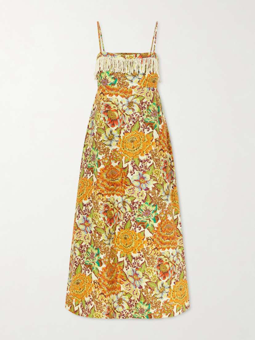 ALÉMAIS Lana Fringed Floral-print Linen Midi Dress