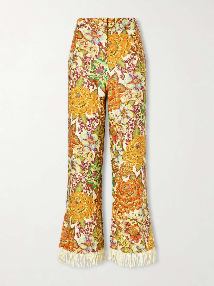 ALÉMAIS Lana Fringed Floral-print Linen Flared Pants