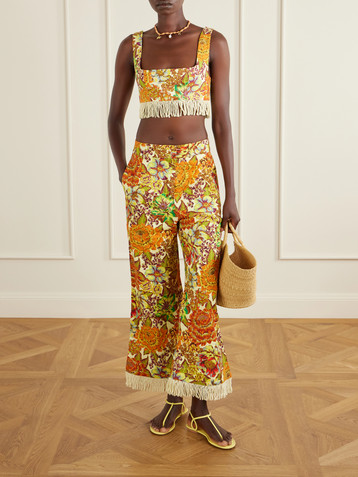 Alémais Lana fringed floral-print linen flared pants
