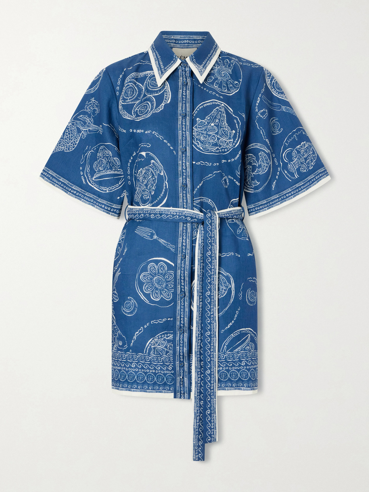 ALÉMAIS - Lucky Belted Printed Linen Mini Dress - Blue