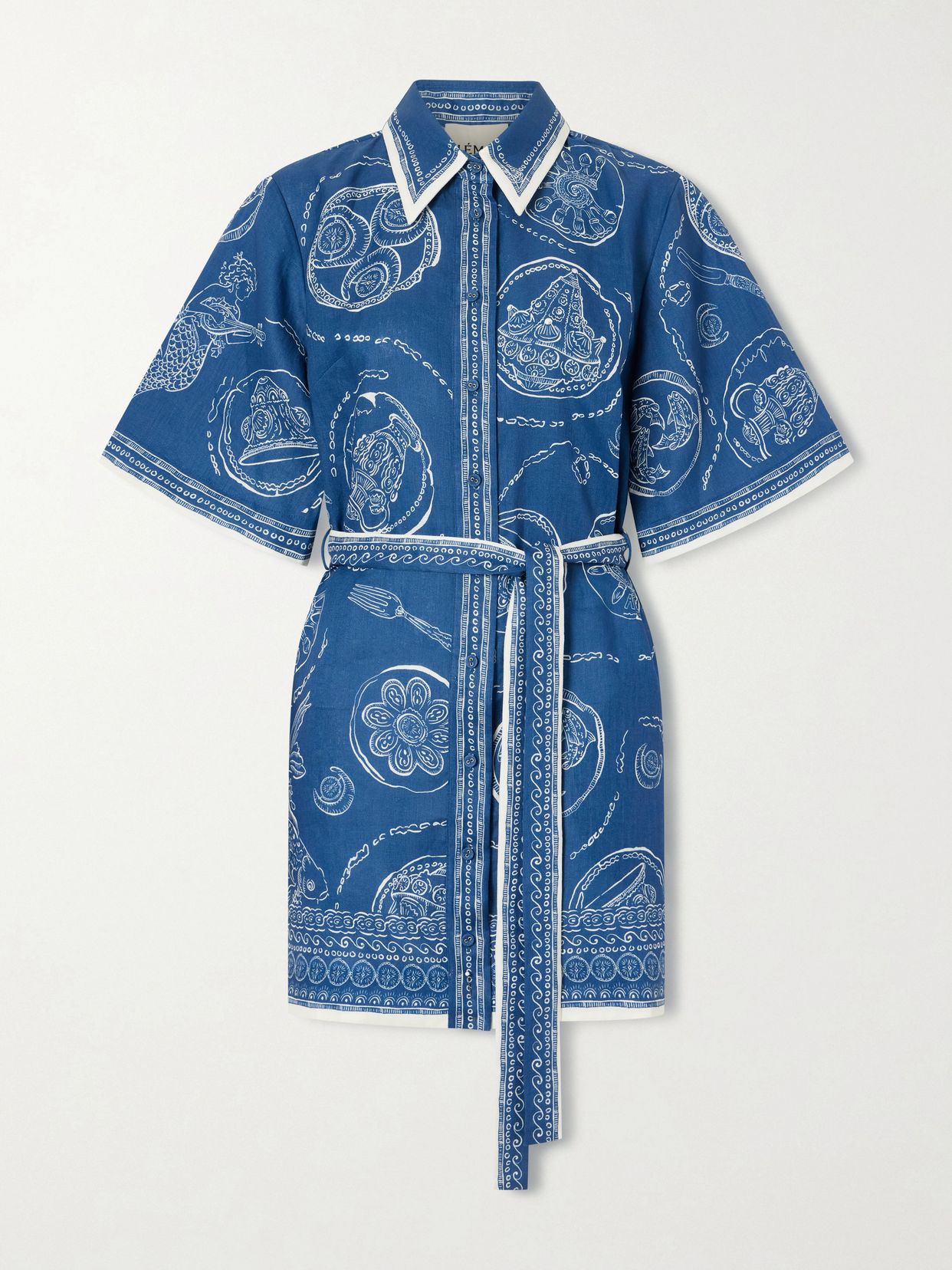 Lucky belted printed linen mini dress