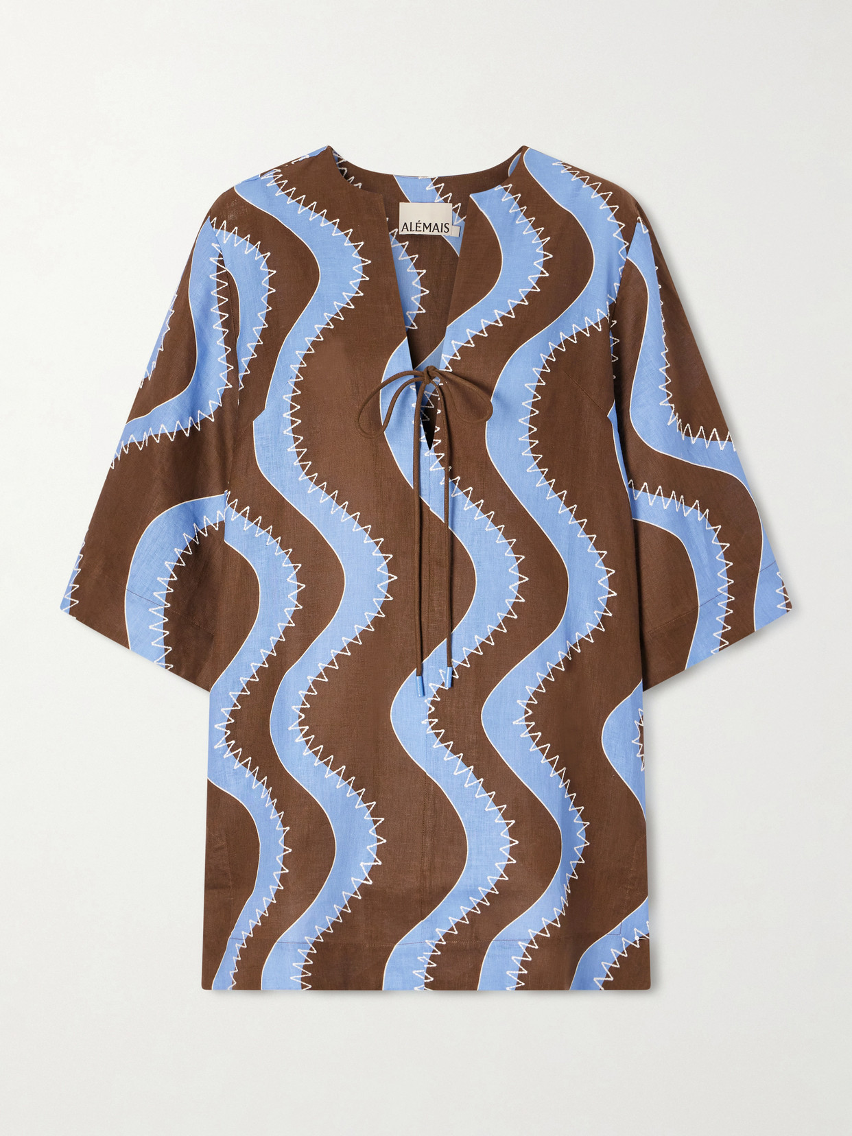 Alemais Frankie Printed Embroidered Linen Mini Dress In Brown