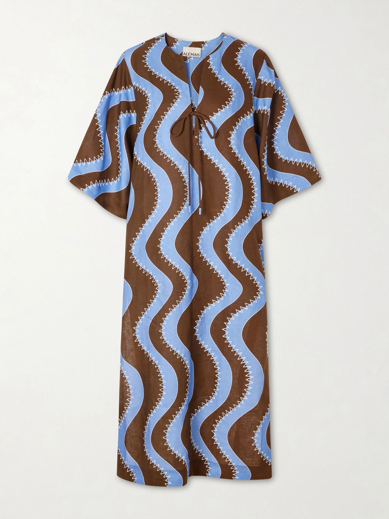 Tie-detailed embroidered linen midi dress