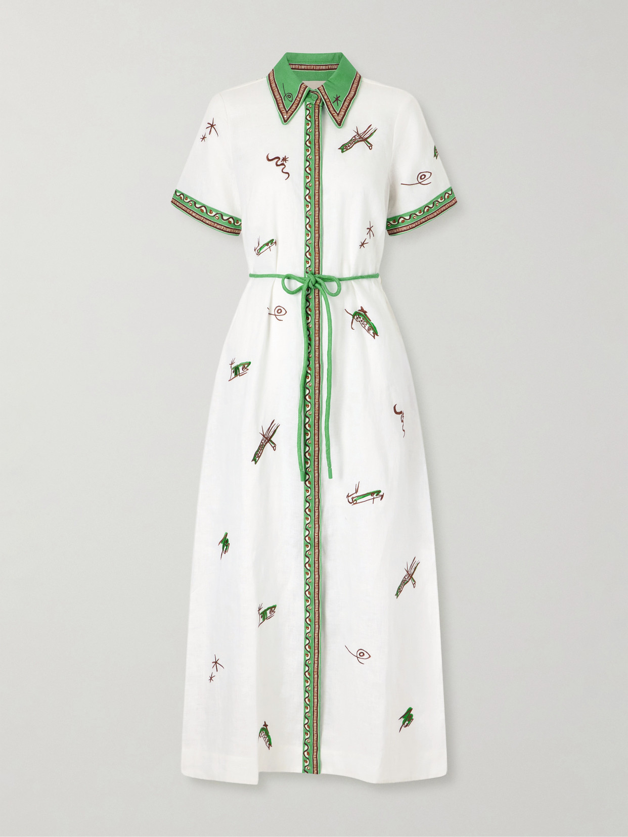 Alemais Wanda Belted Embroidered Linen Midi Shirt Dress In White