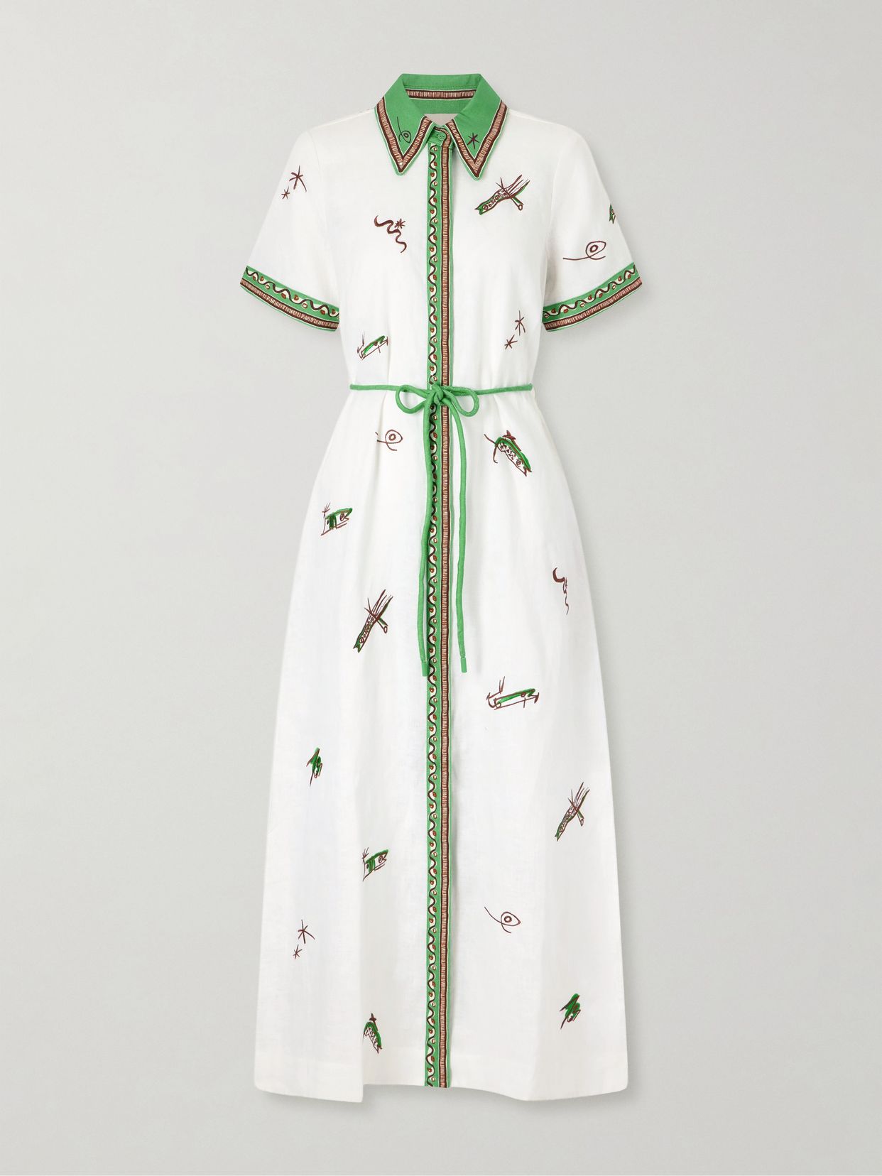 Wanda belted embroidered linen midi shirt dress
