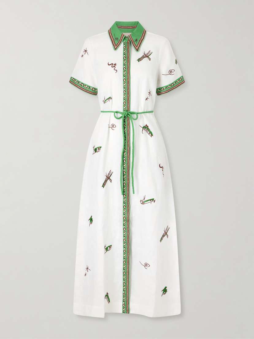 ALÉMAIS Wanda Belted Embroidered Linen Midi Shirt Dress