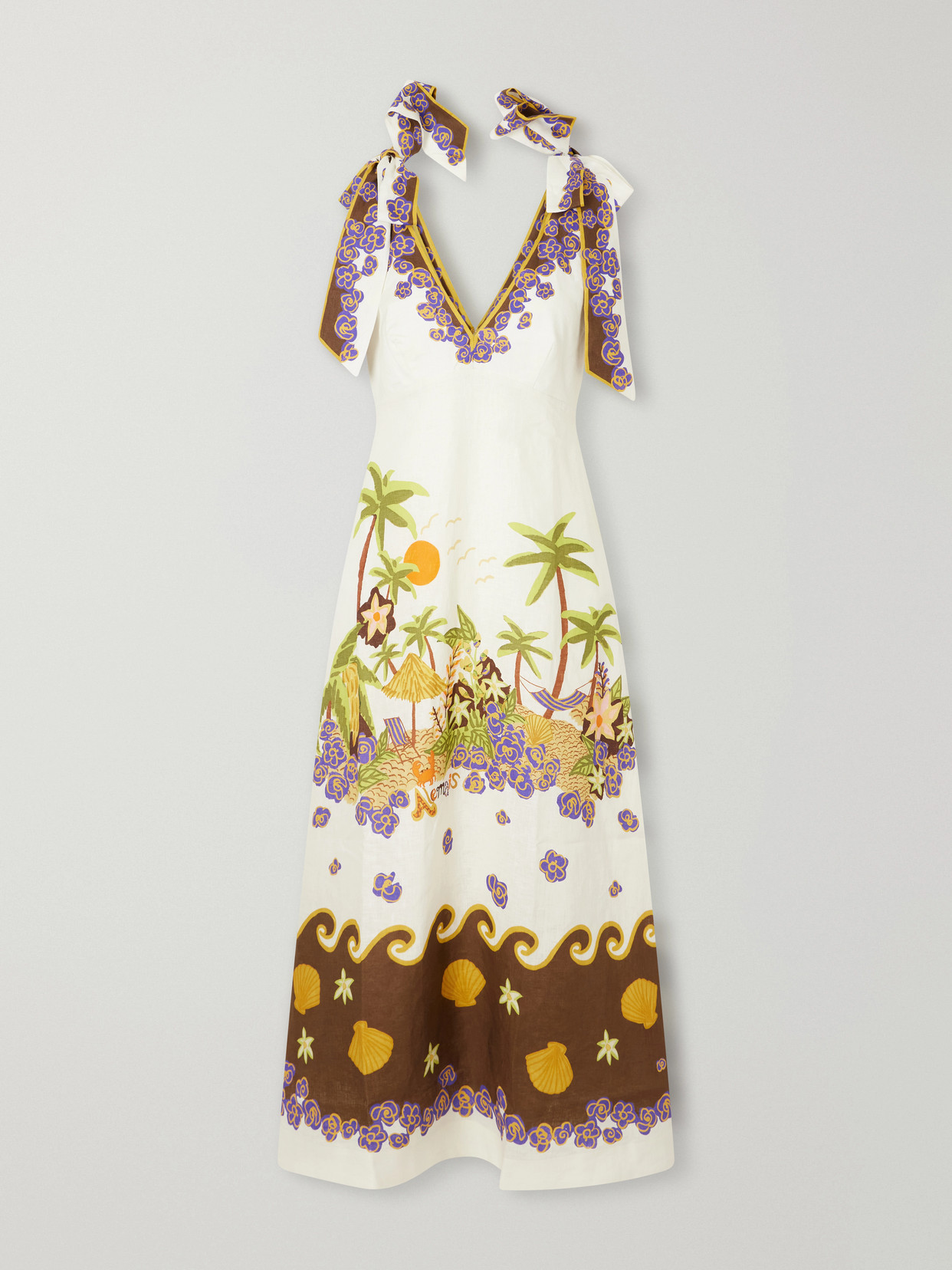Alemais Island Cove Ballet Day Printed Linen Midi Dress In Neutrals
