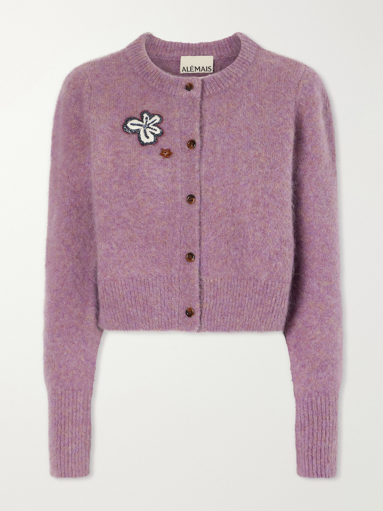 Alemais Reggie Sequin-embellished Mohair, Alpaca And Wool-blend Cardigan In Purple