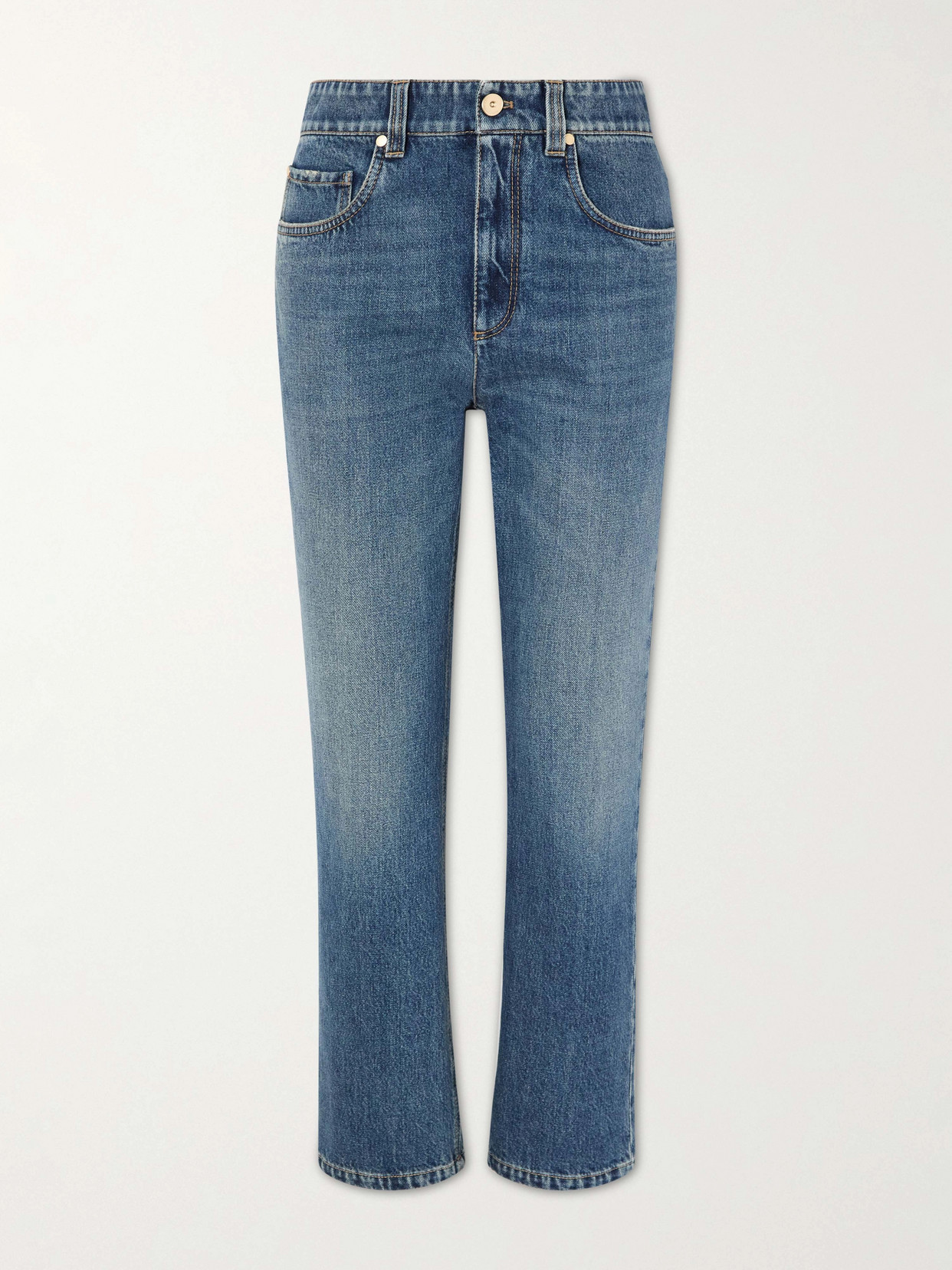 Brunello Cucinelli Cropped Bead-embellished Straight-leg Jeans In Blue